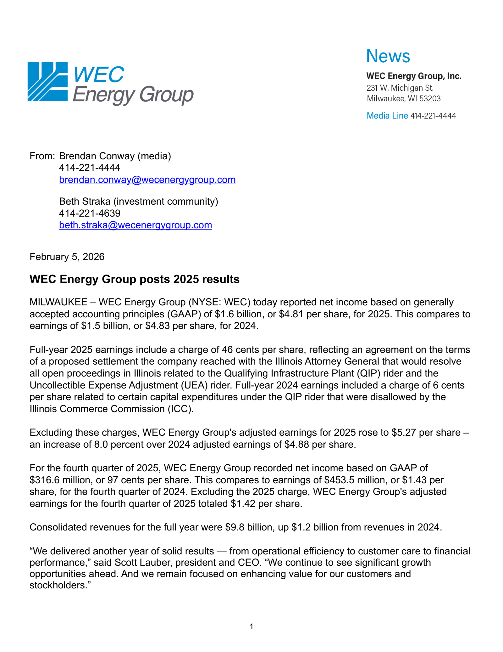 WEC Energy Group's Q4 2025 Press Release