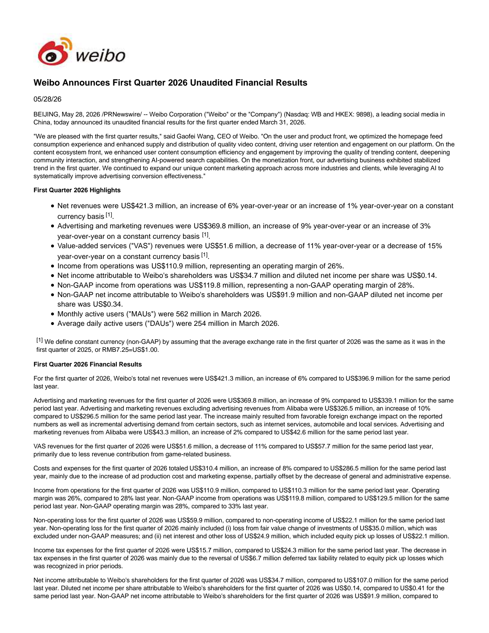 Weibo's Q1 2026 Press Release