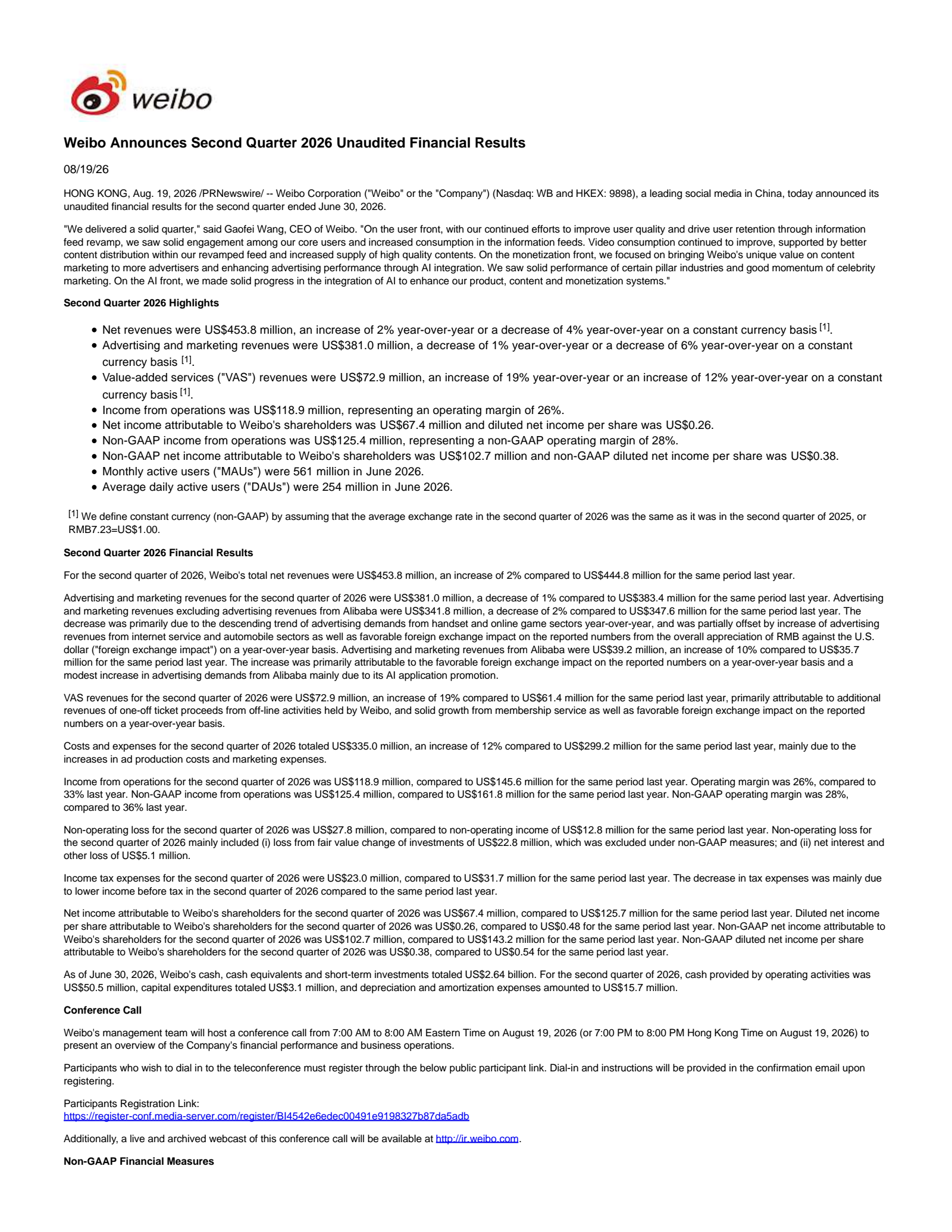 Weibo's Q2 2026 Press Release