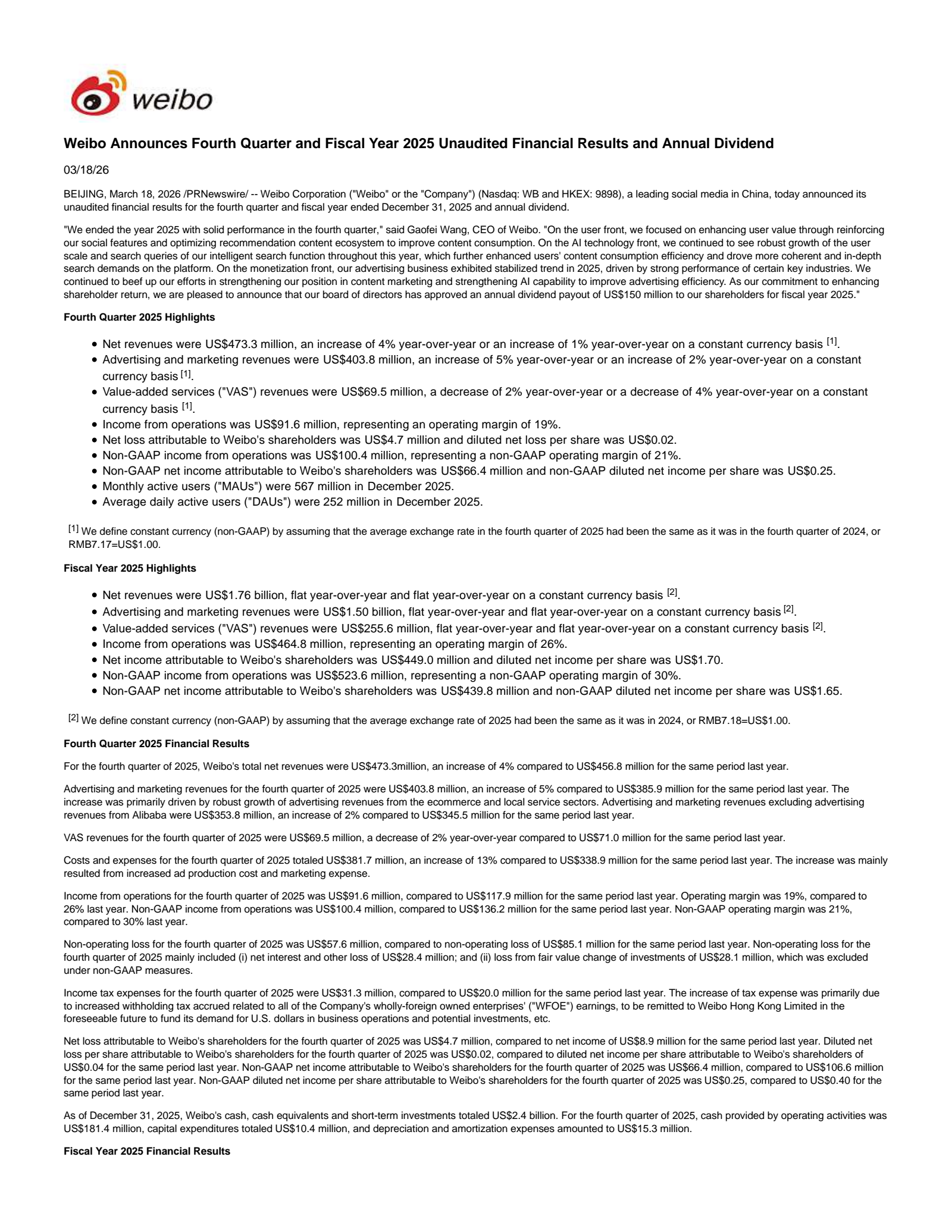 Weibo's Q4 2025 Press Release
