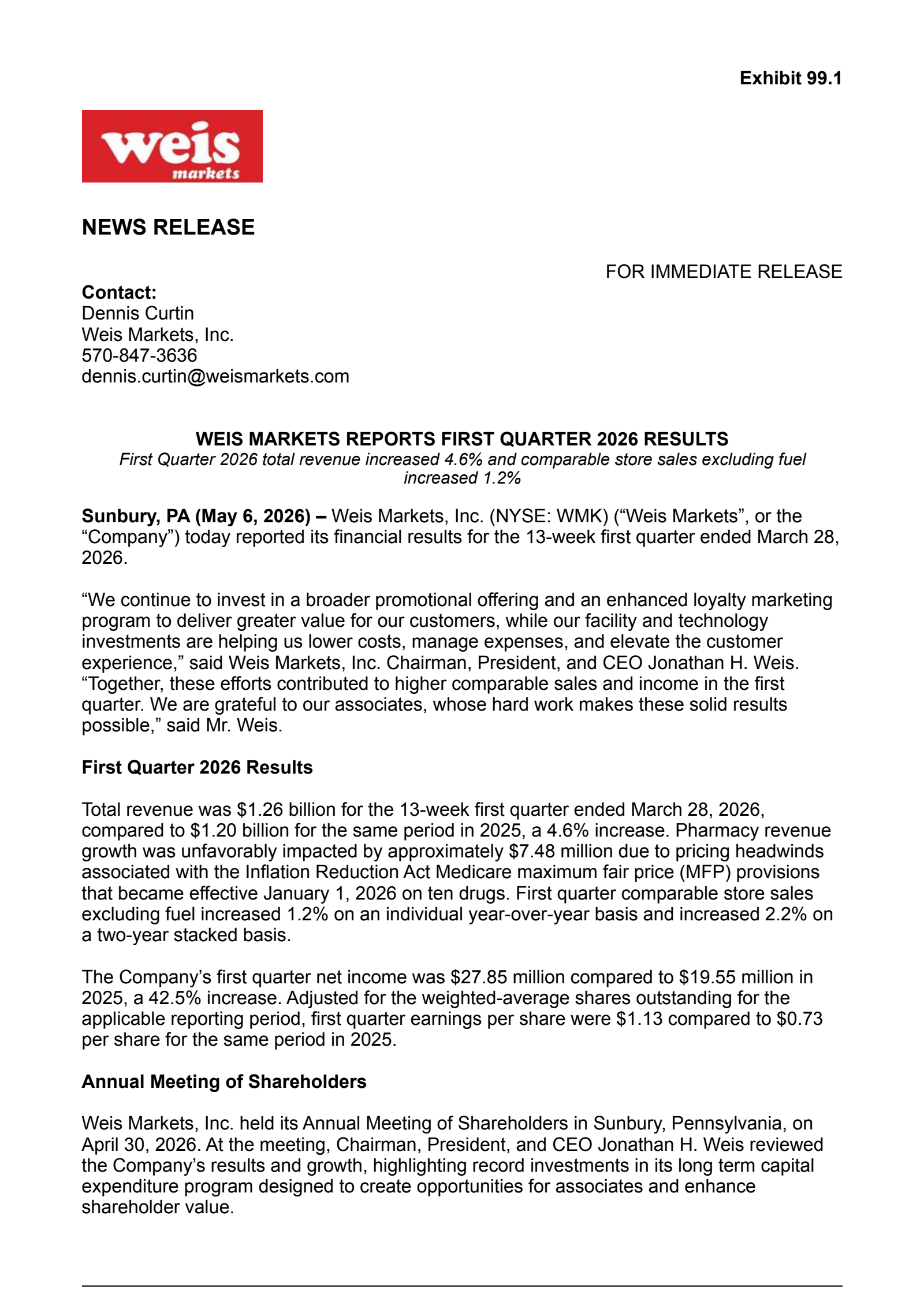 Weis Markets' Q1 2026 Press Release