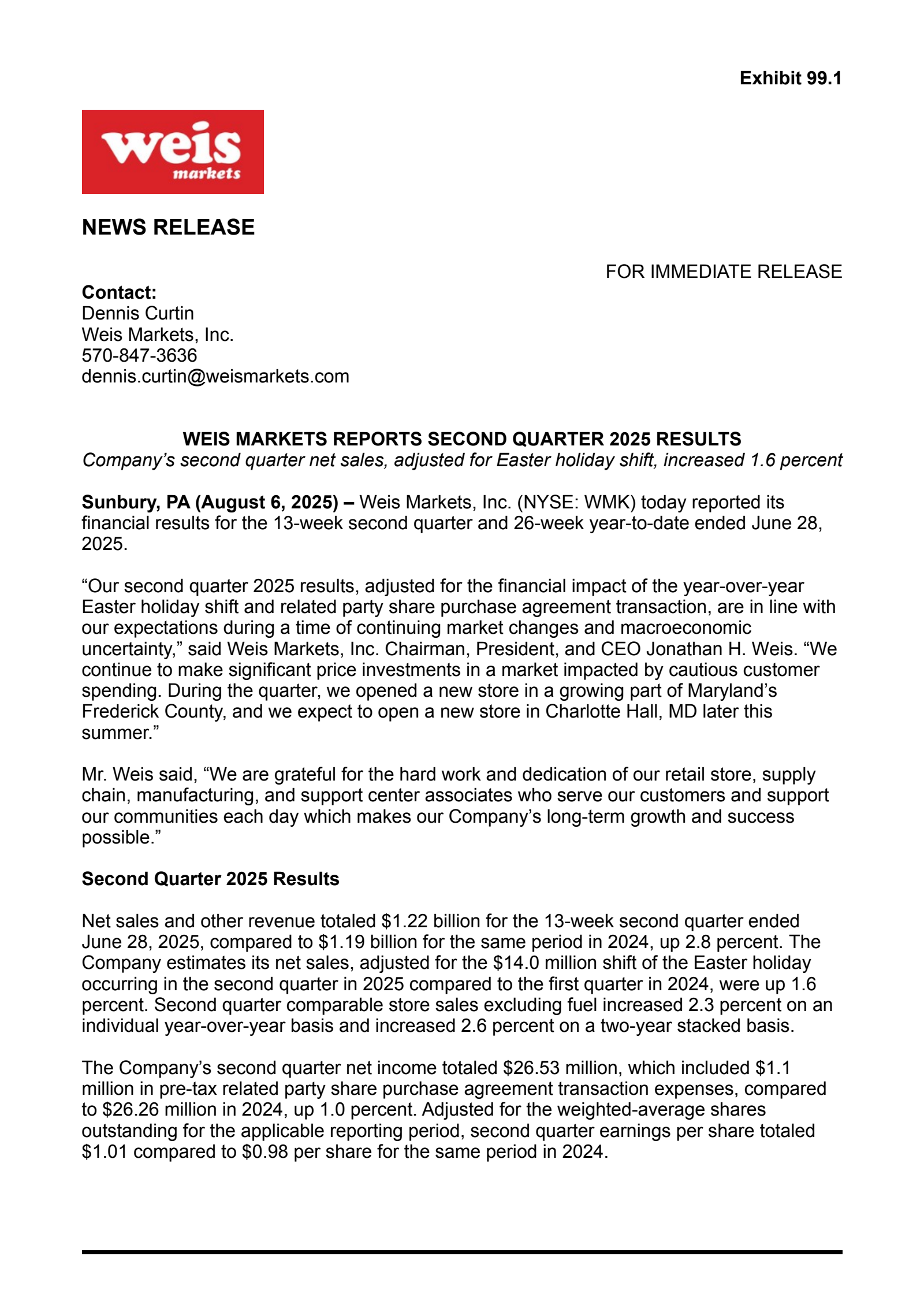 Weis Markets' Q2 2025 Press Release