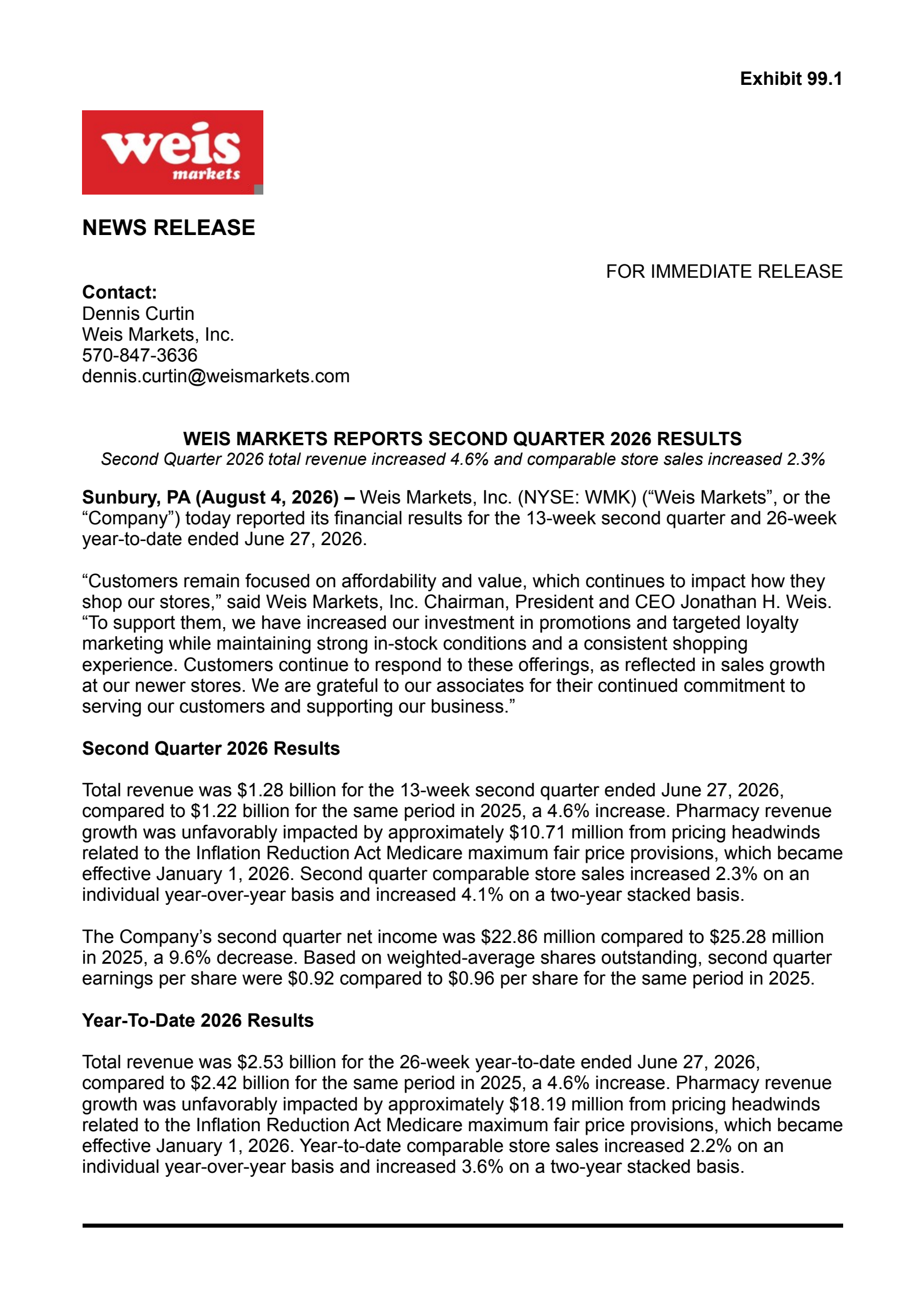 Weis Markets' Q2 2026 Press Release