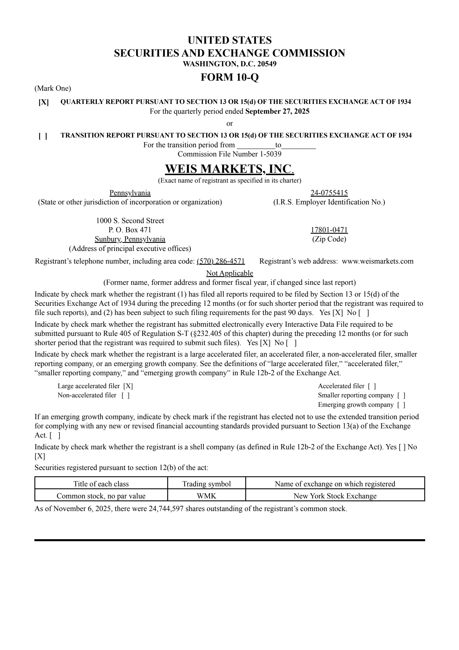 Weis Markets' Q3 2025 Quarterly Report