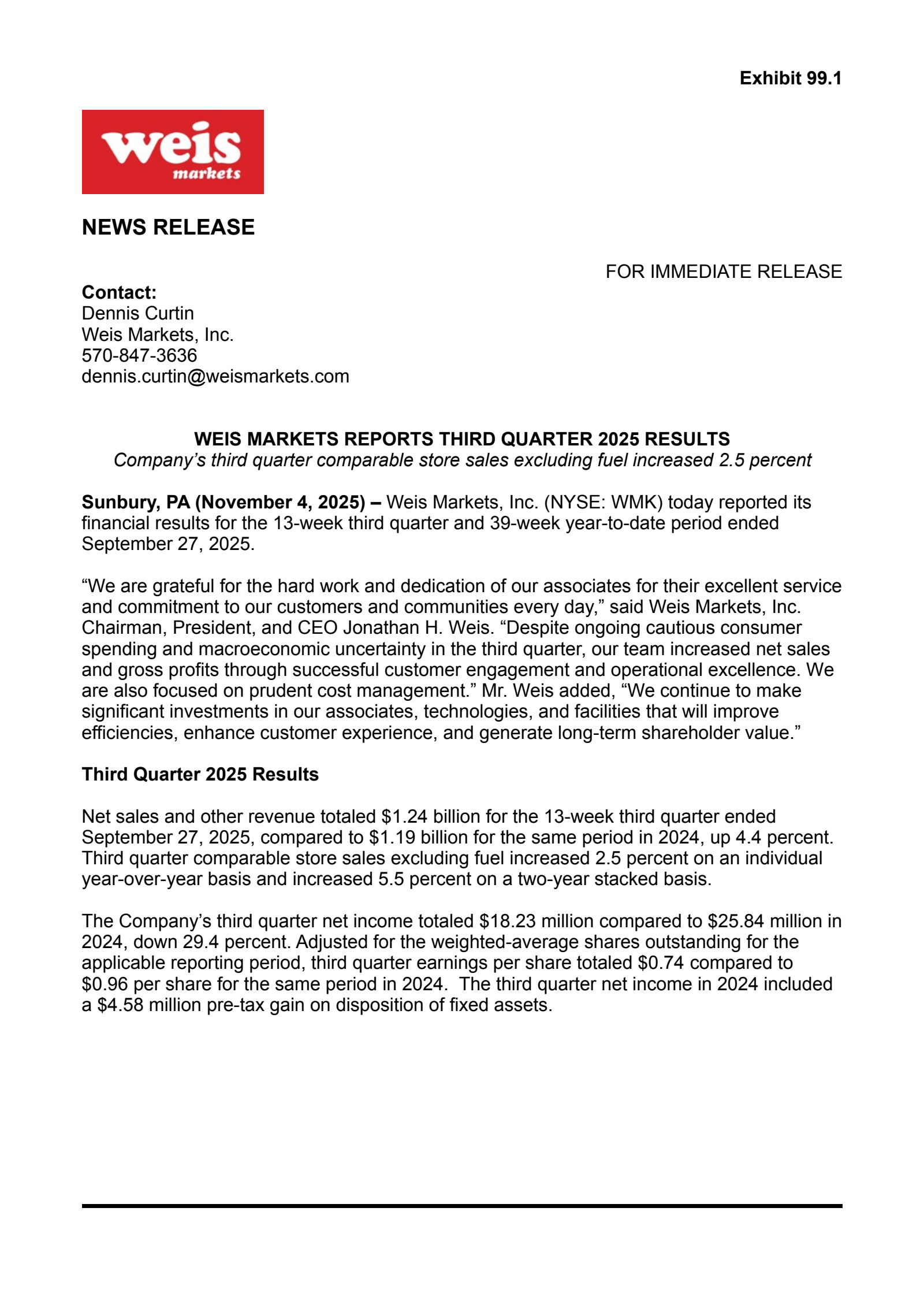 Weis Markets' Q3 2025 Earnings Release