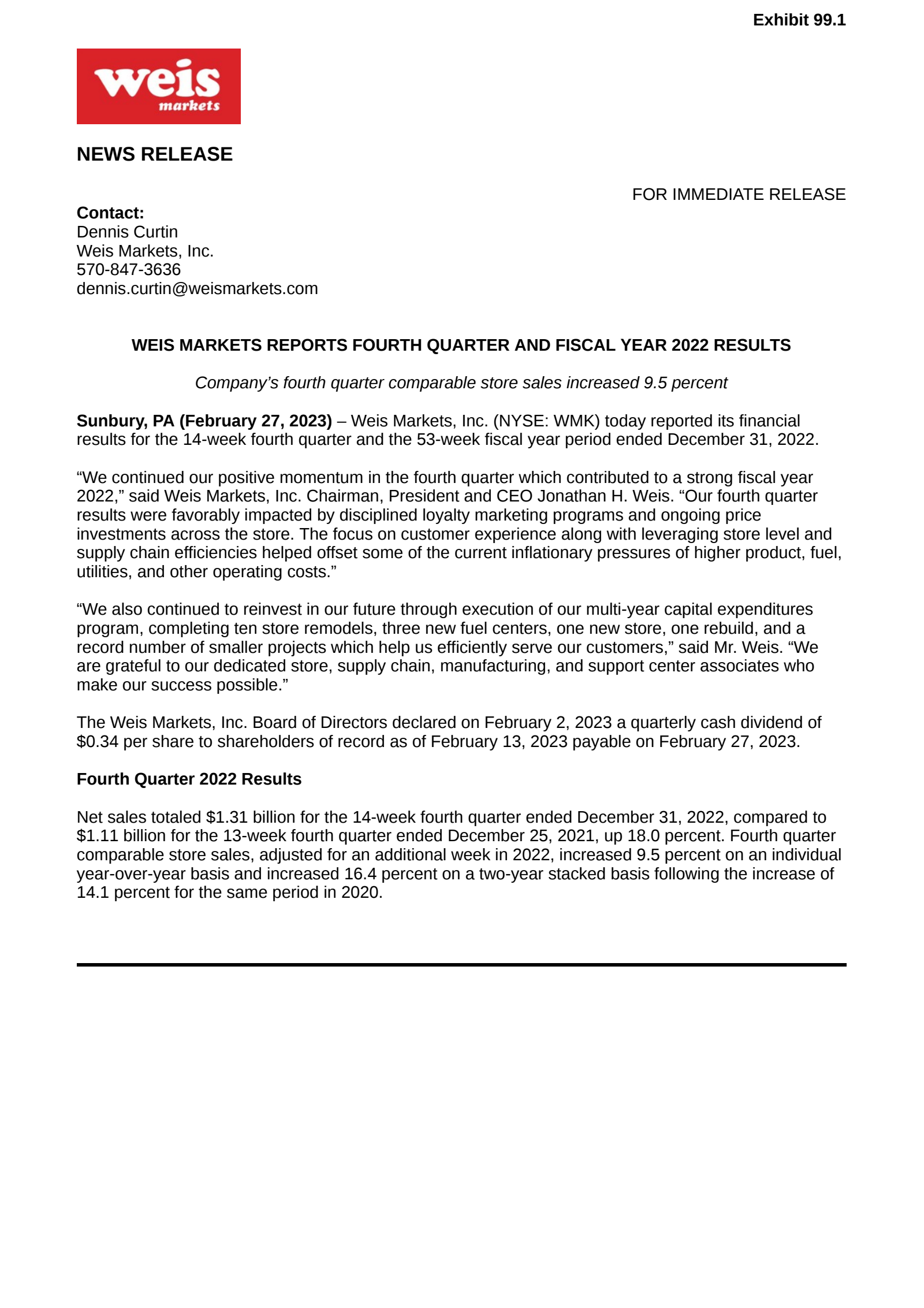 Weis Markets' Q4 2022 Press Release