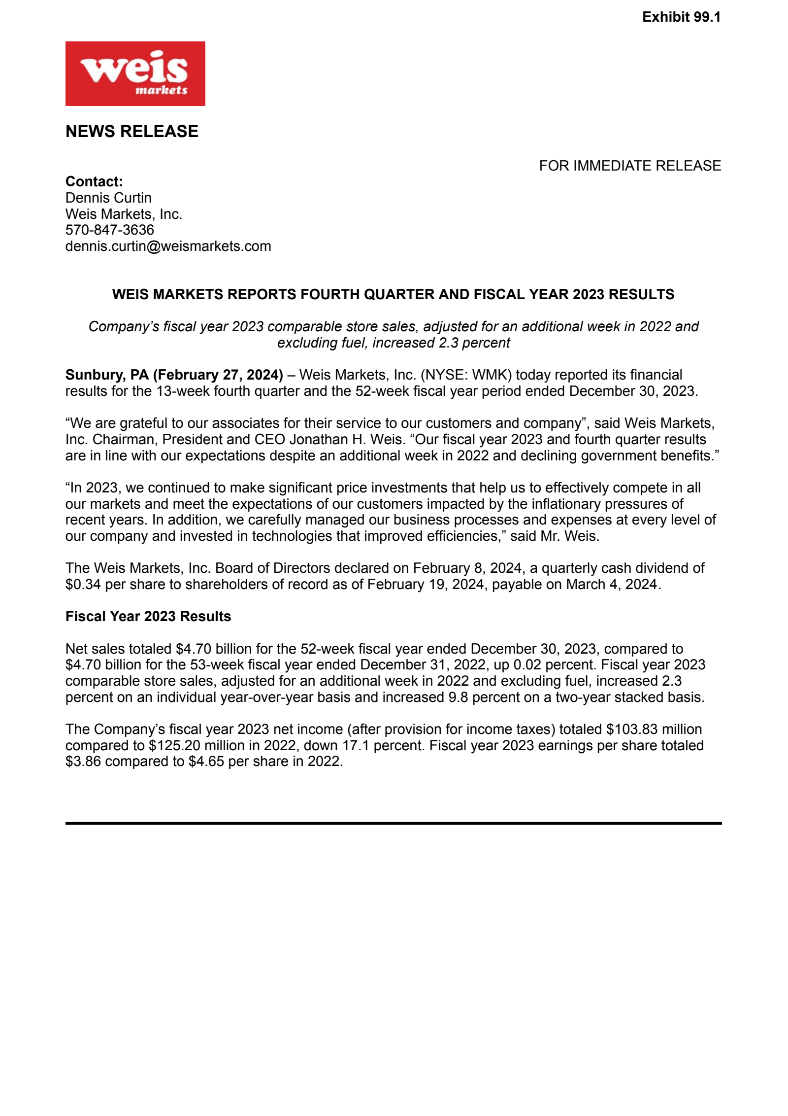 Weis Markets' Q4 2023 Press Release
