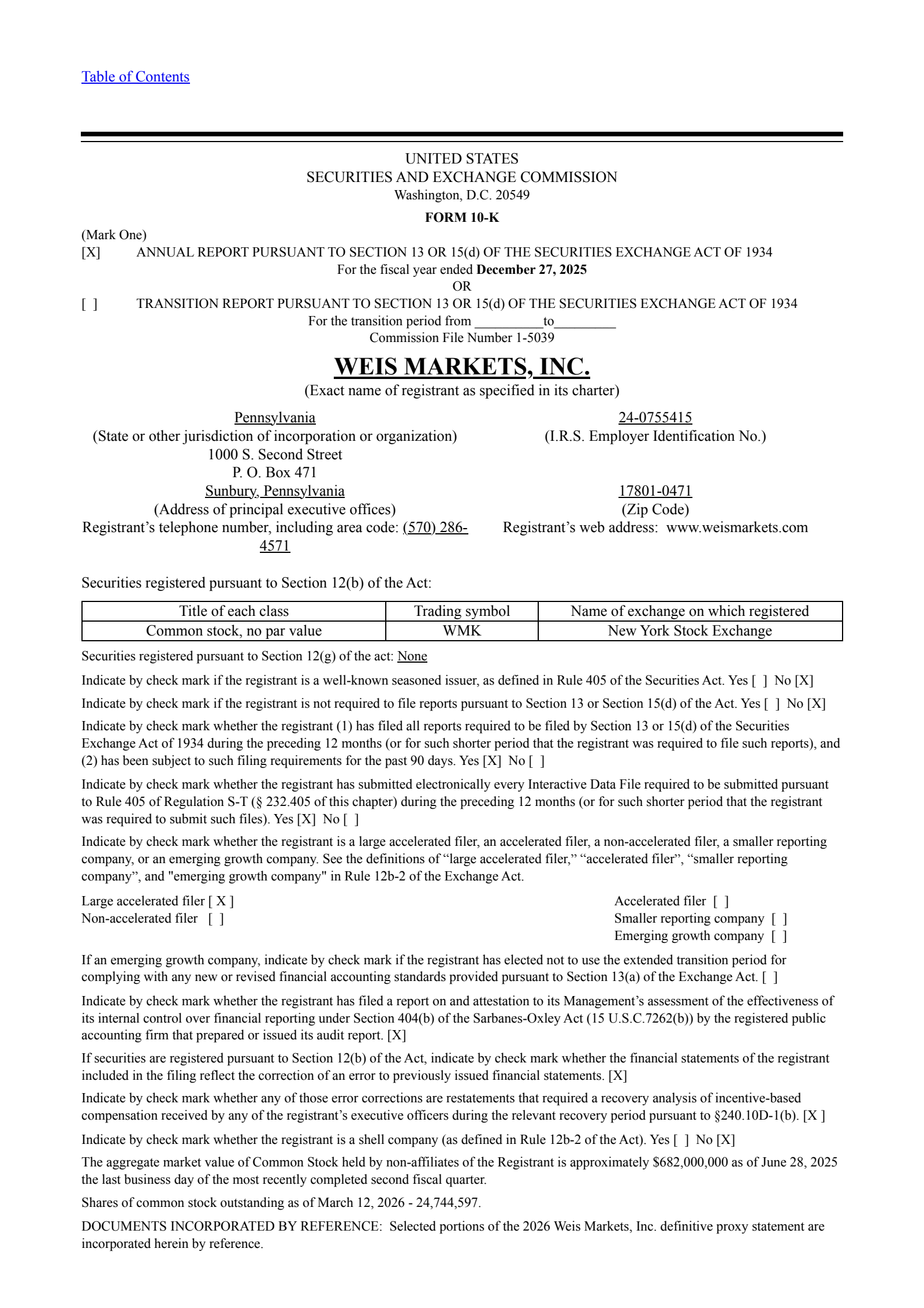 Weis Markets' Q4 2025 Annual report