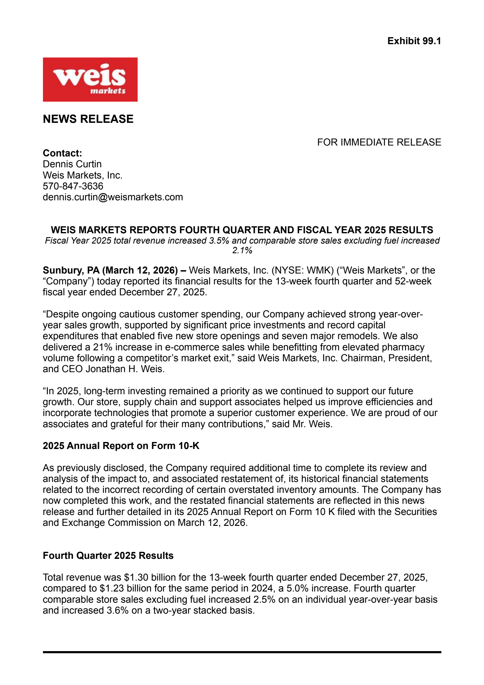 Weis Markets' Q4 2025 Press Release