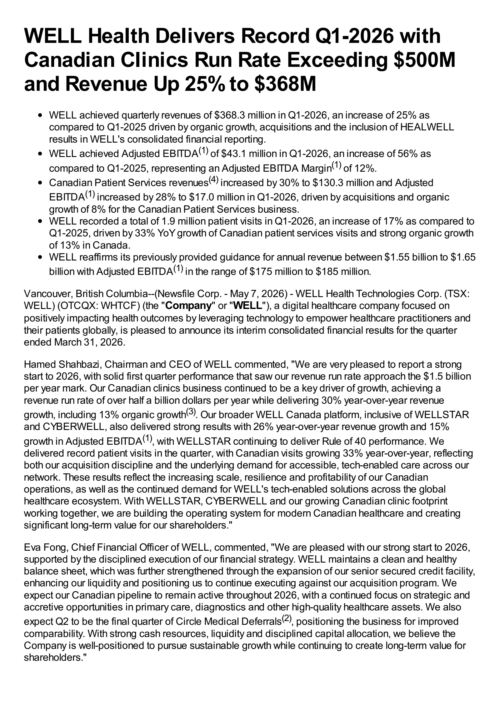 WELL Health Technologies' Q1 2026 Press Release