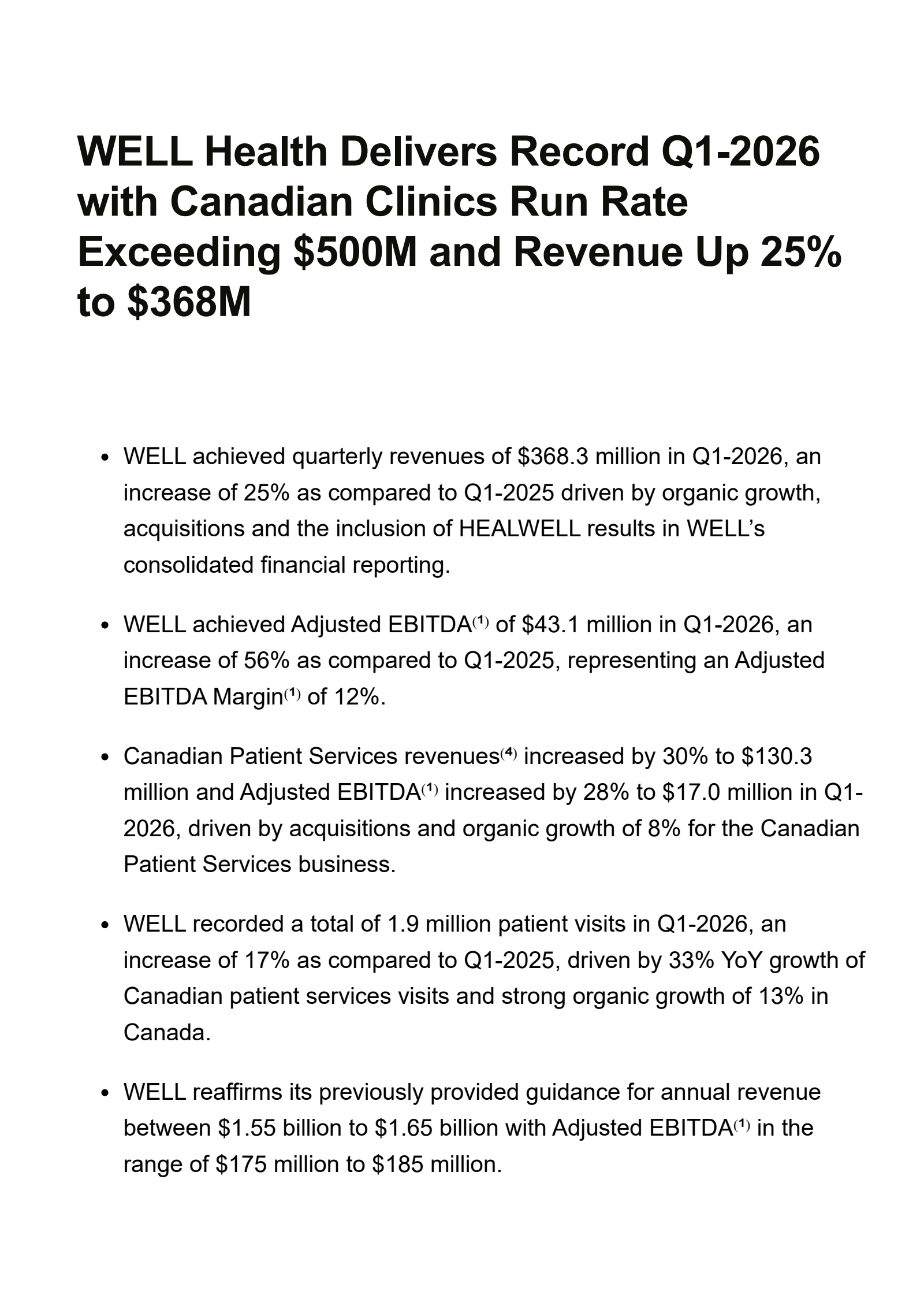 WELL Health Technologies' Q1 2026 Press Release