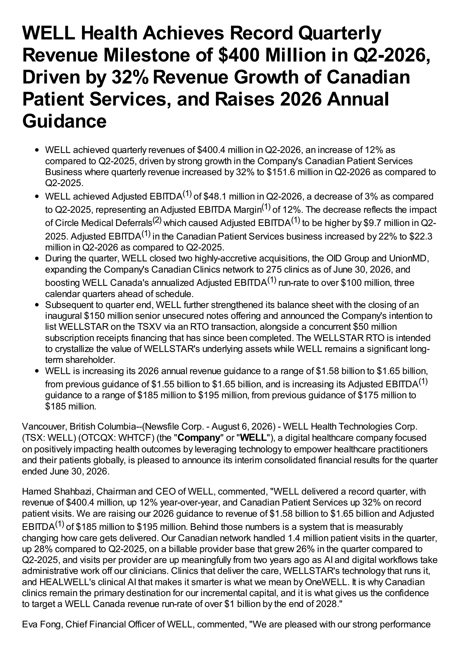 WELL Health Technologies' Q2 2026 Press Release