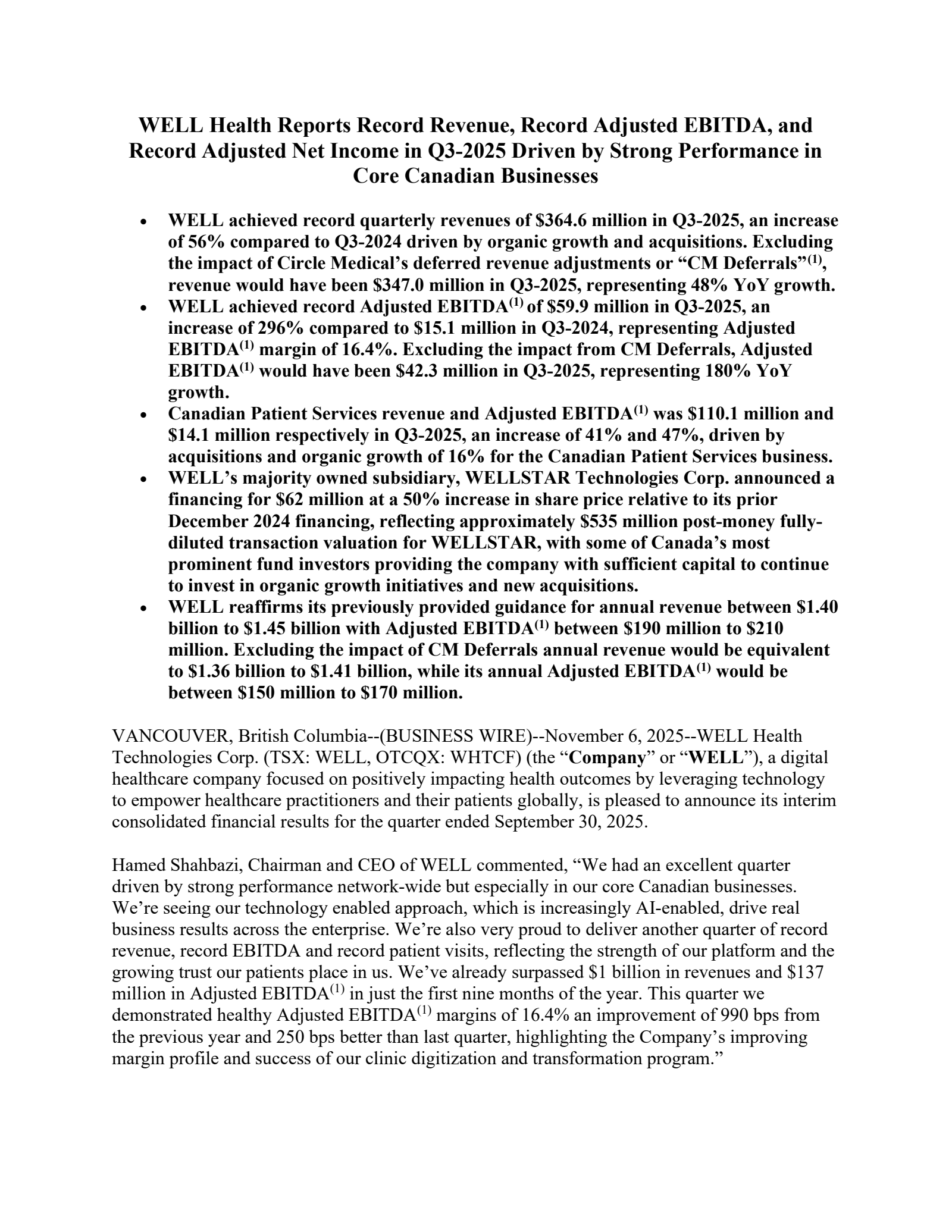 WELL Health Technologies' Q3 2025 Earnings Release