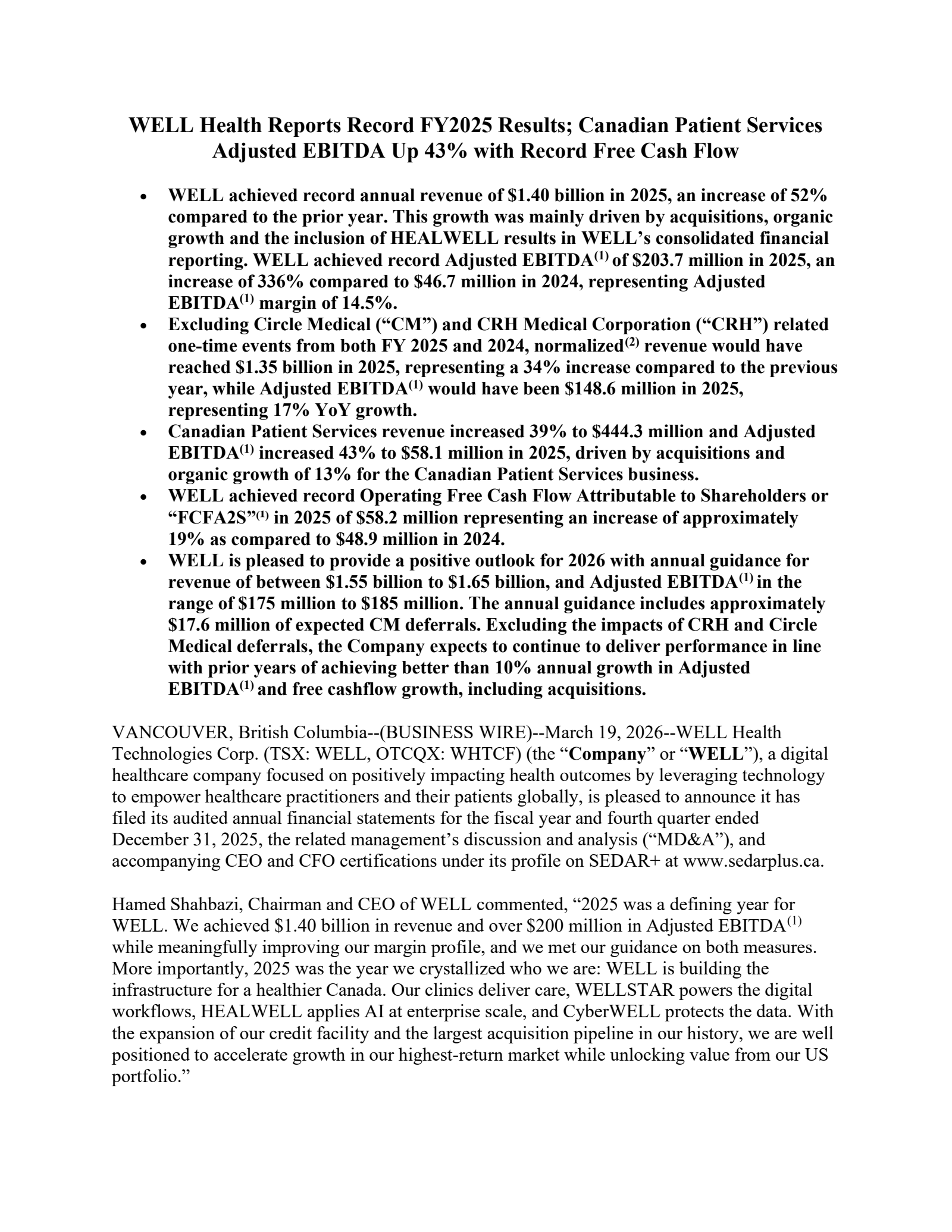 WELL Health Technologies' Q4 2025 Press Release