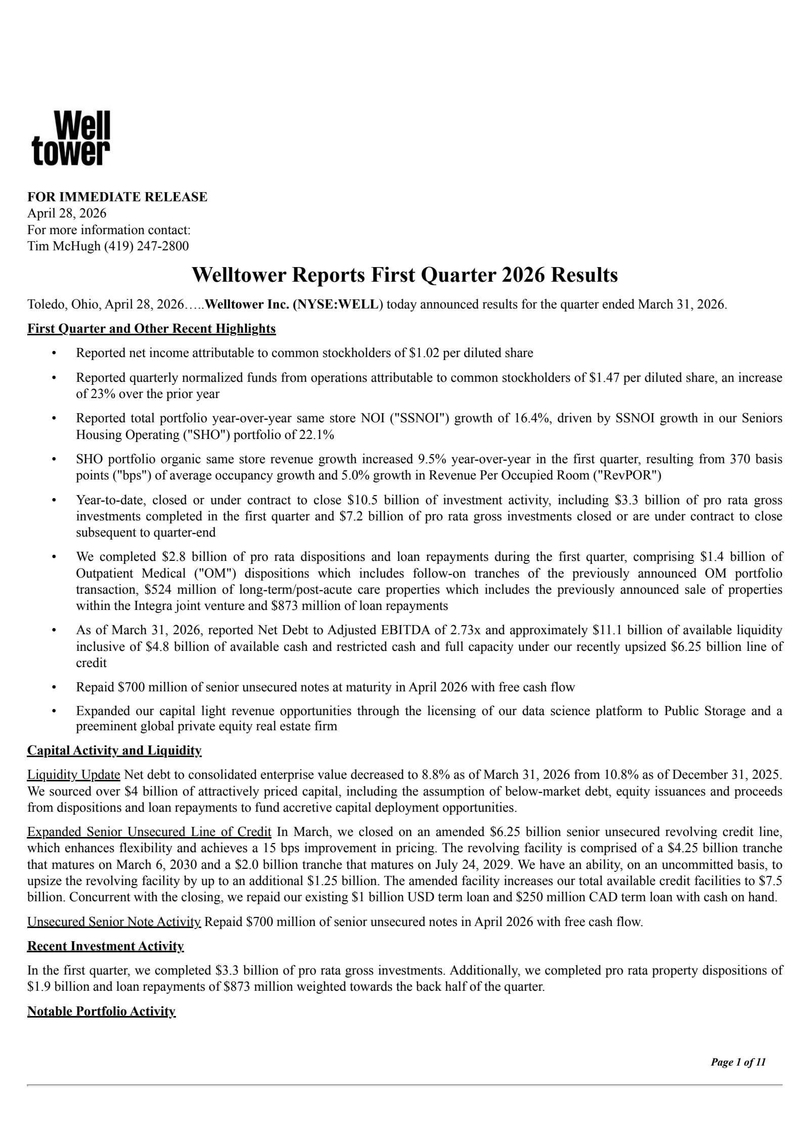 Welltower's Q1 2026 Press Release