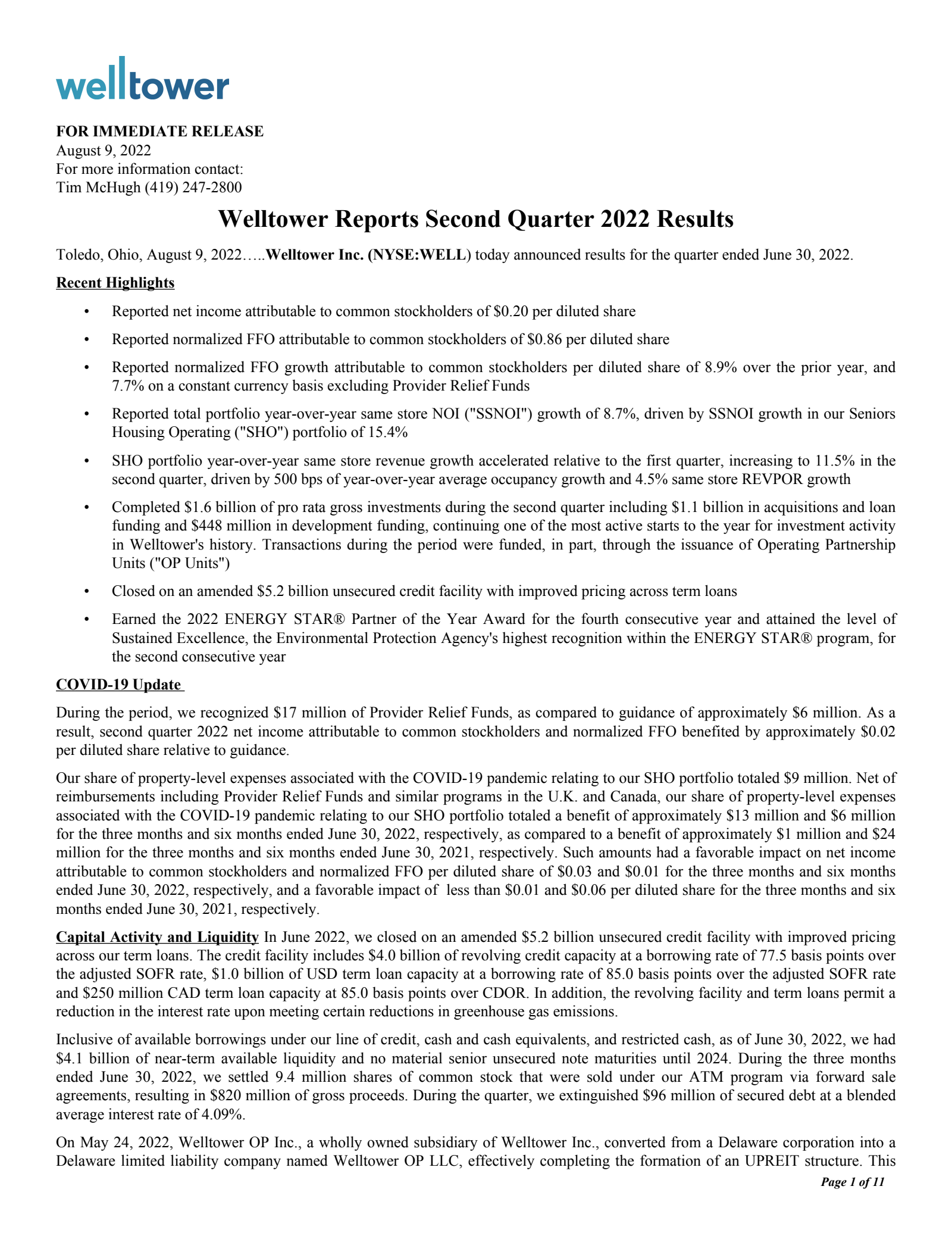 Welltower's Q2 2022 Earnings Release