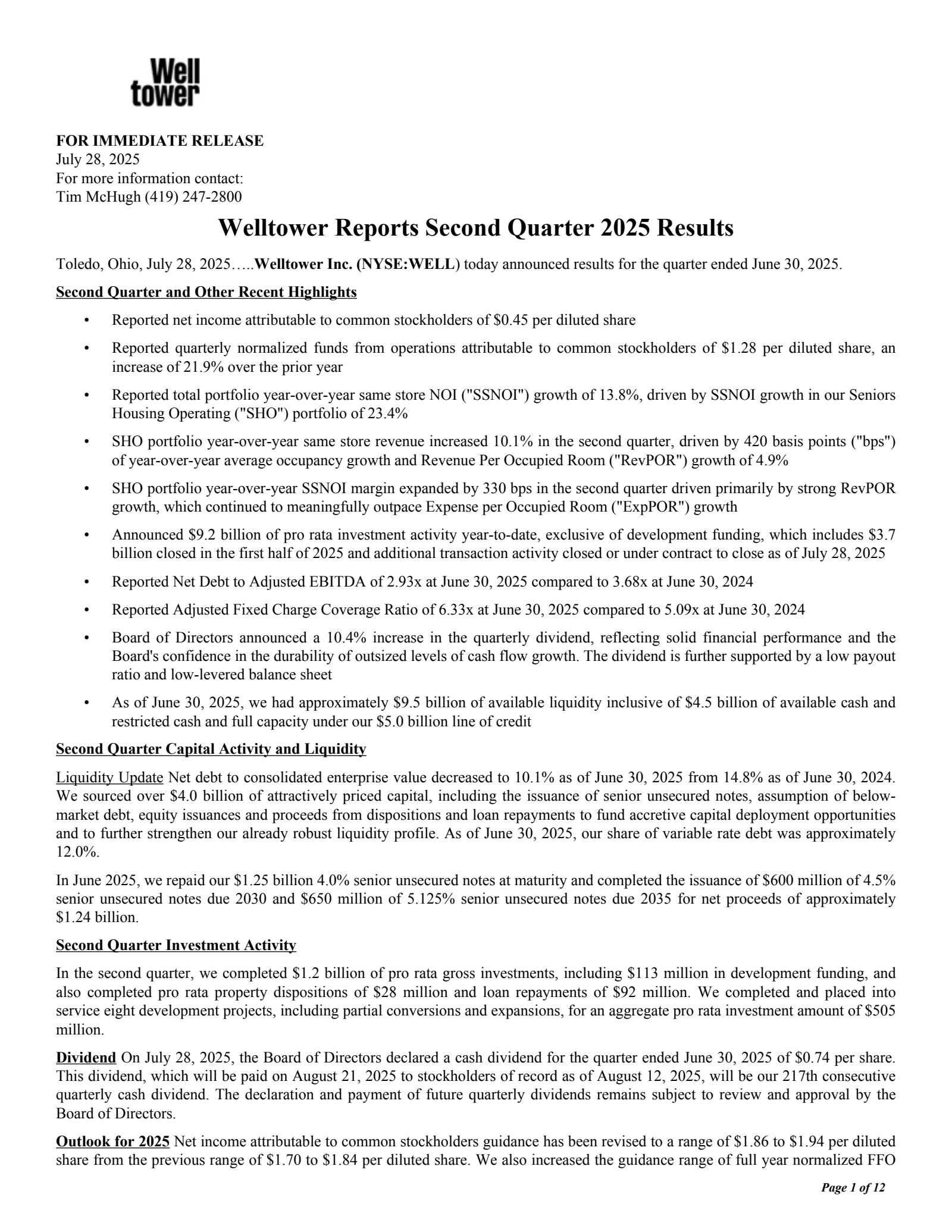 Welltower's Q2 2025 Press Release