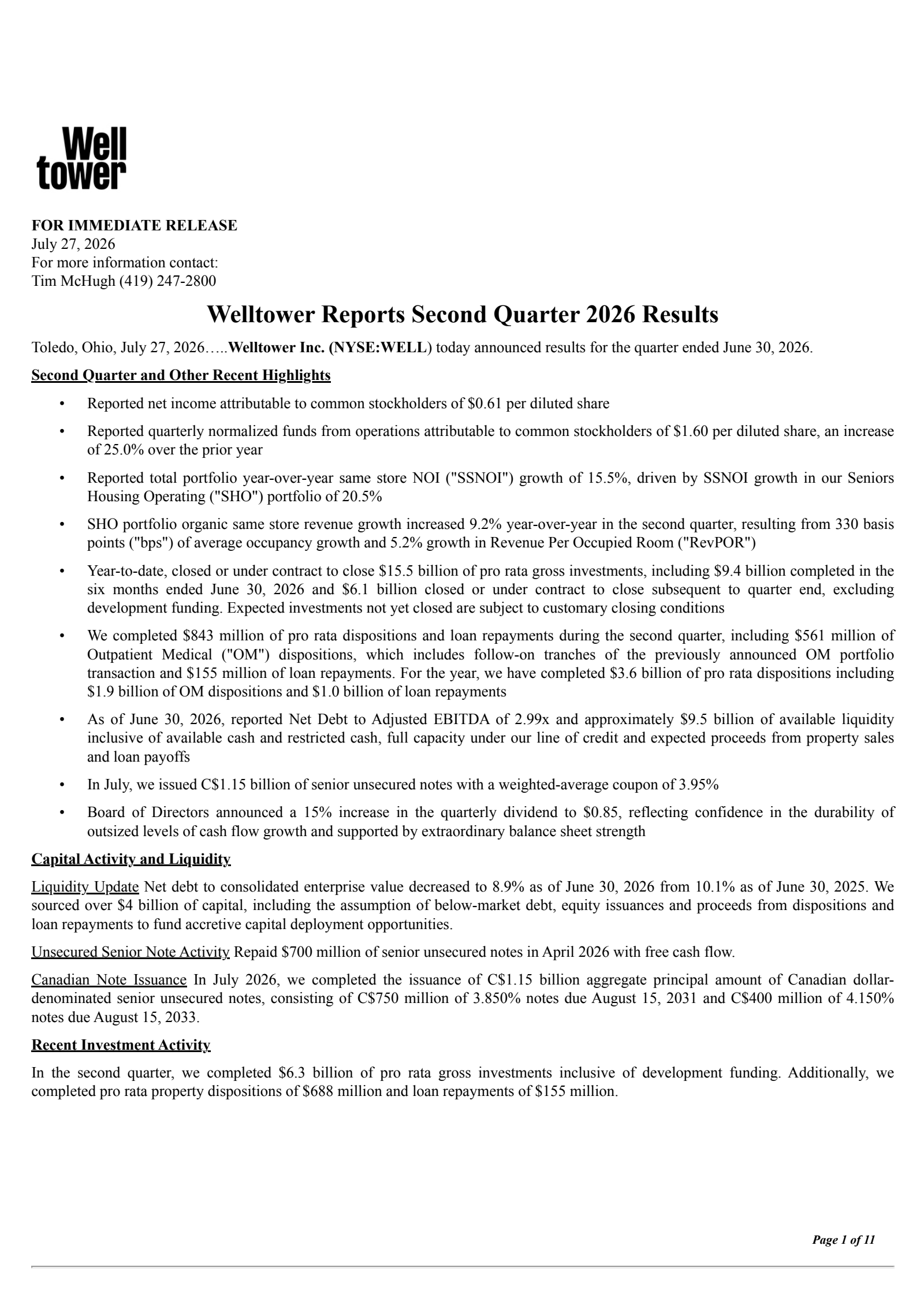 Welltower's Q2 2026 Press Release