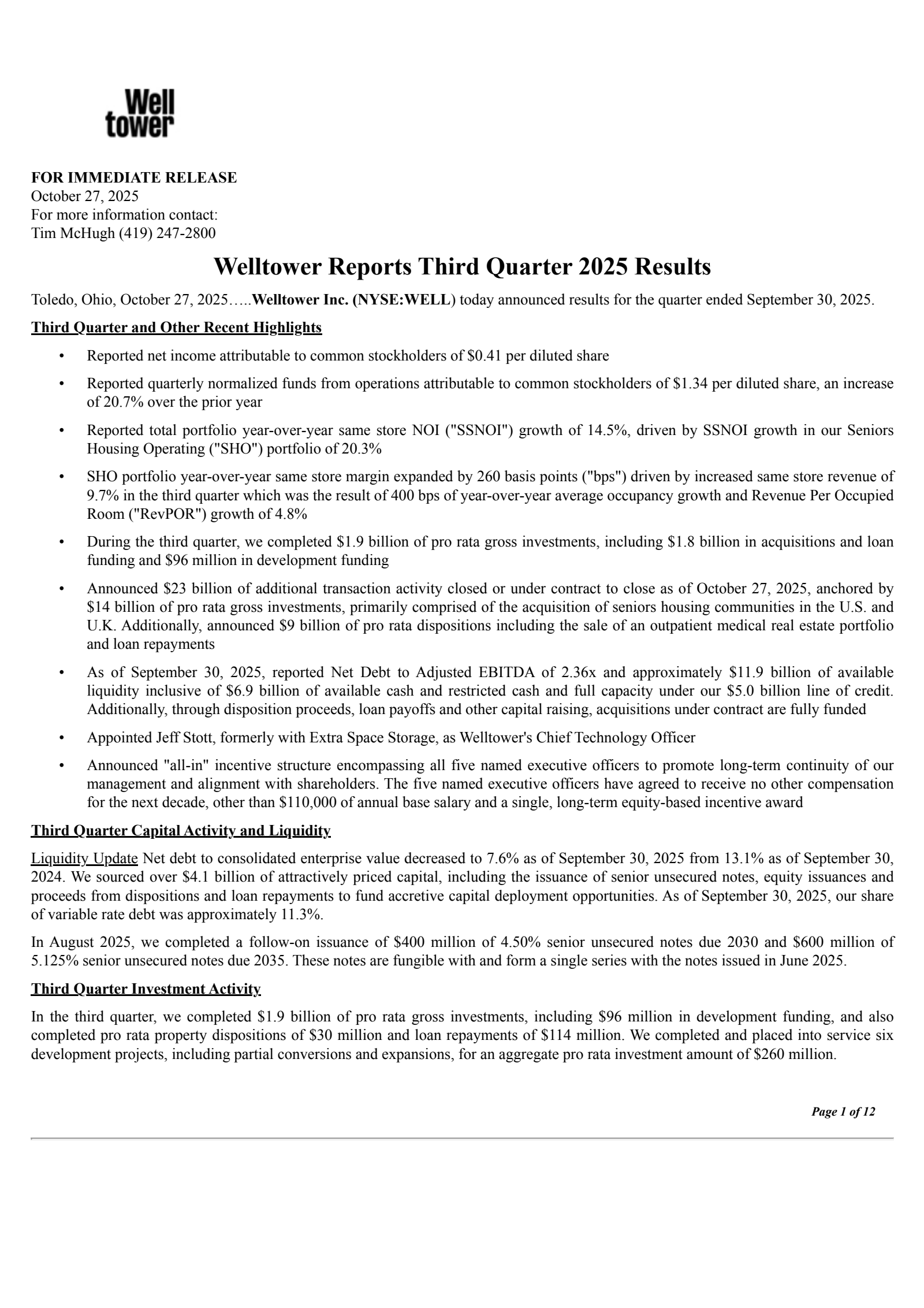 Welltower's Q3 2025 Earnings Release