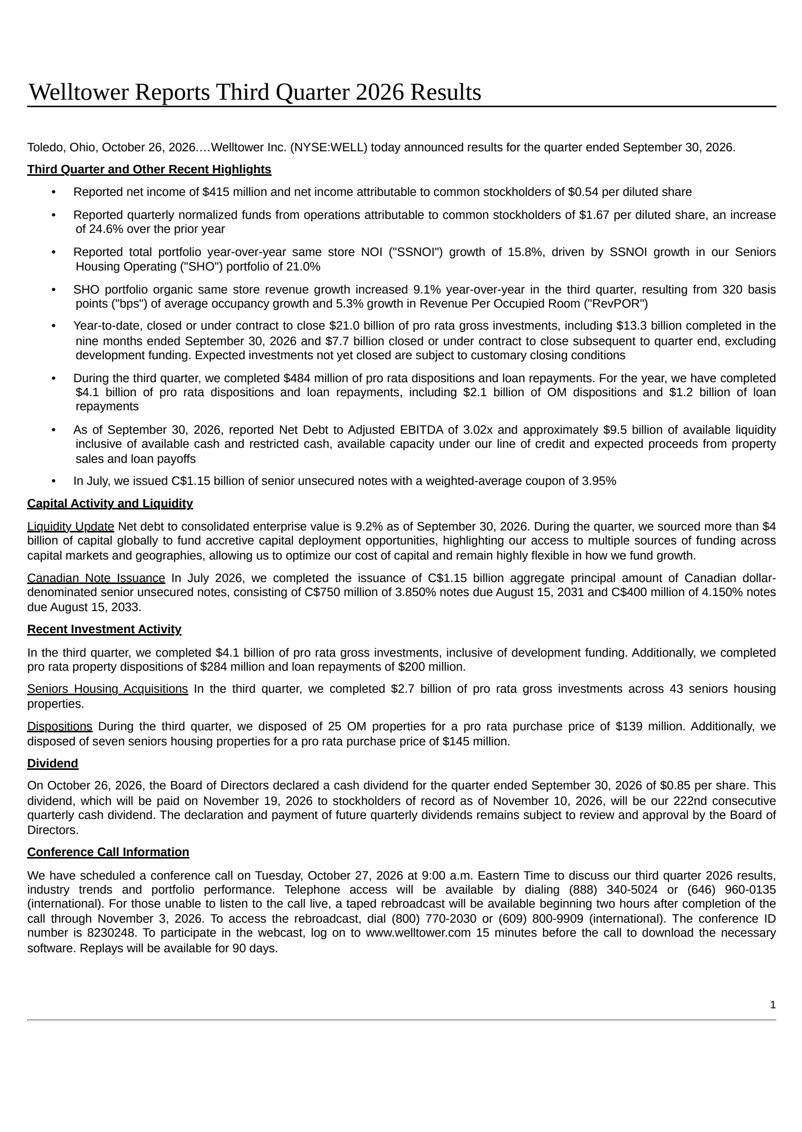 Welltower's Q3 2026 Press Release