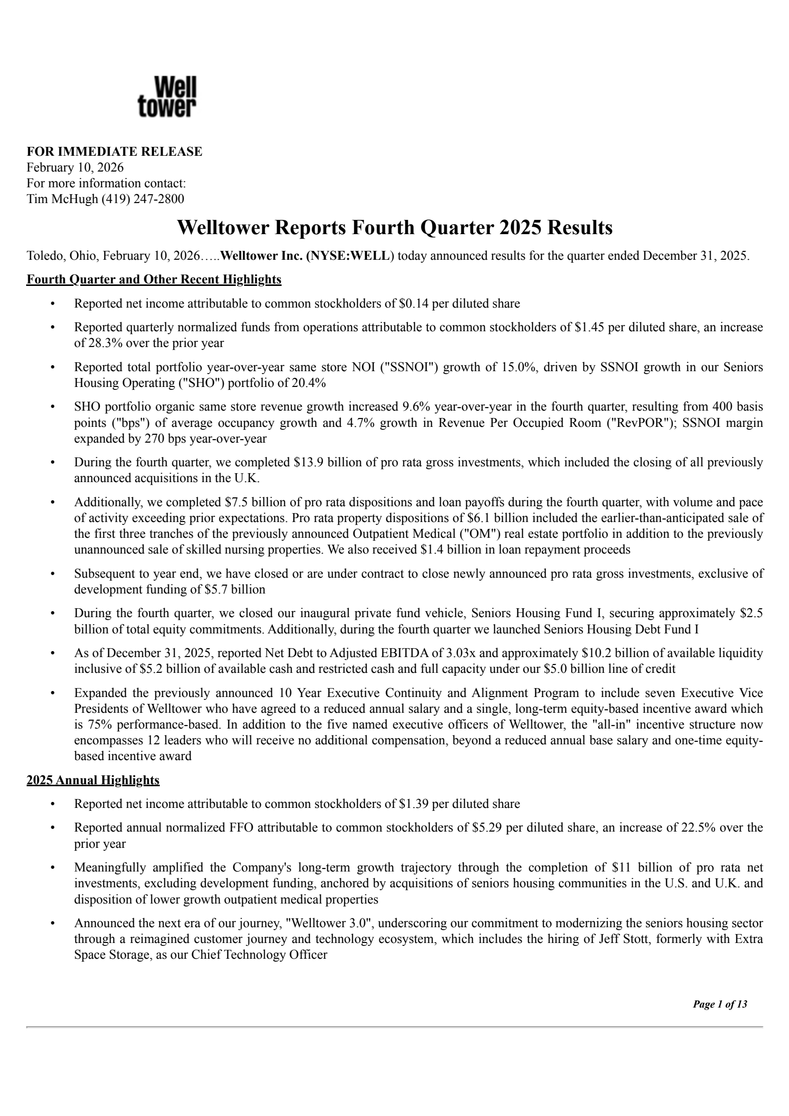 Welltower's Q4 2025 Press Release