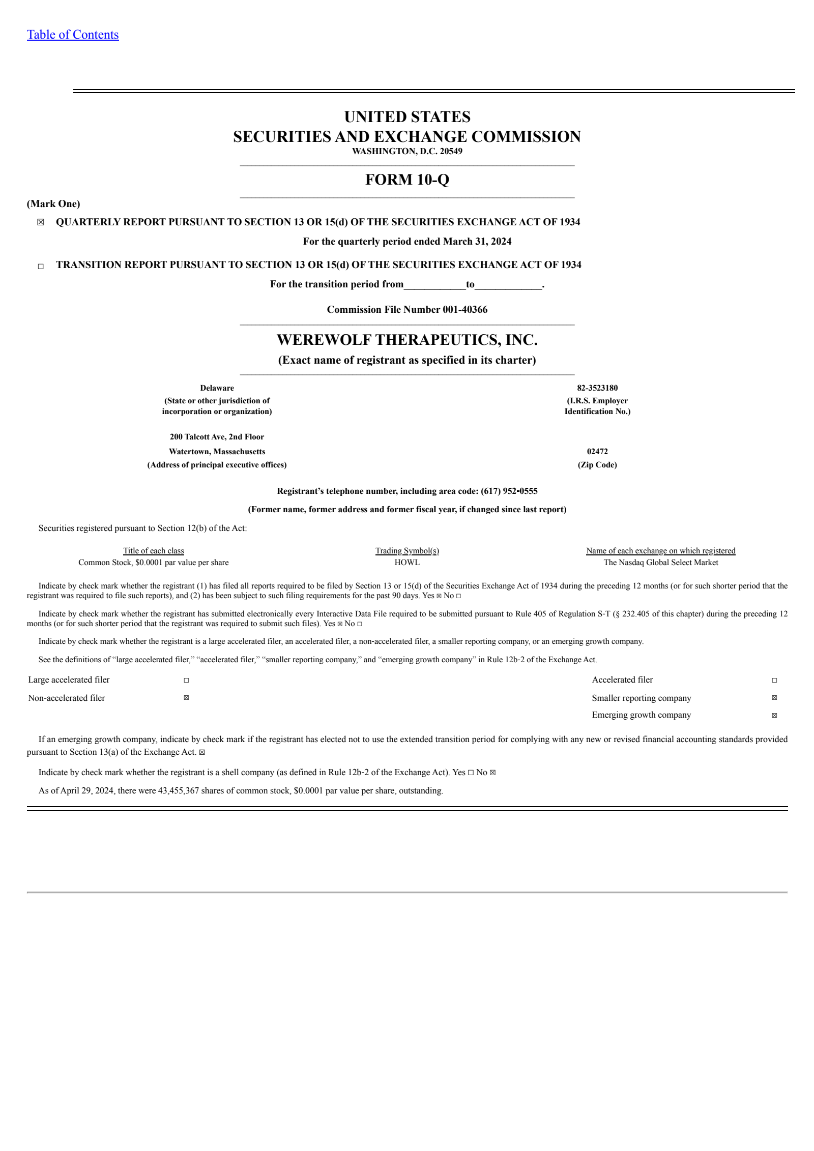 Werewolf Therapeutics' Q1 2024 Quarterly report