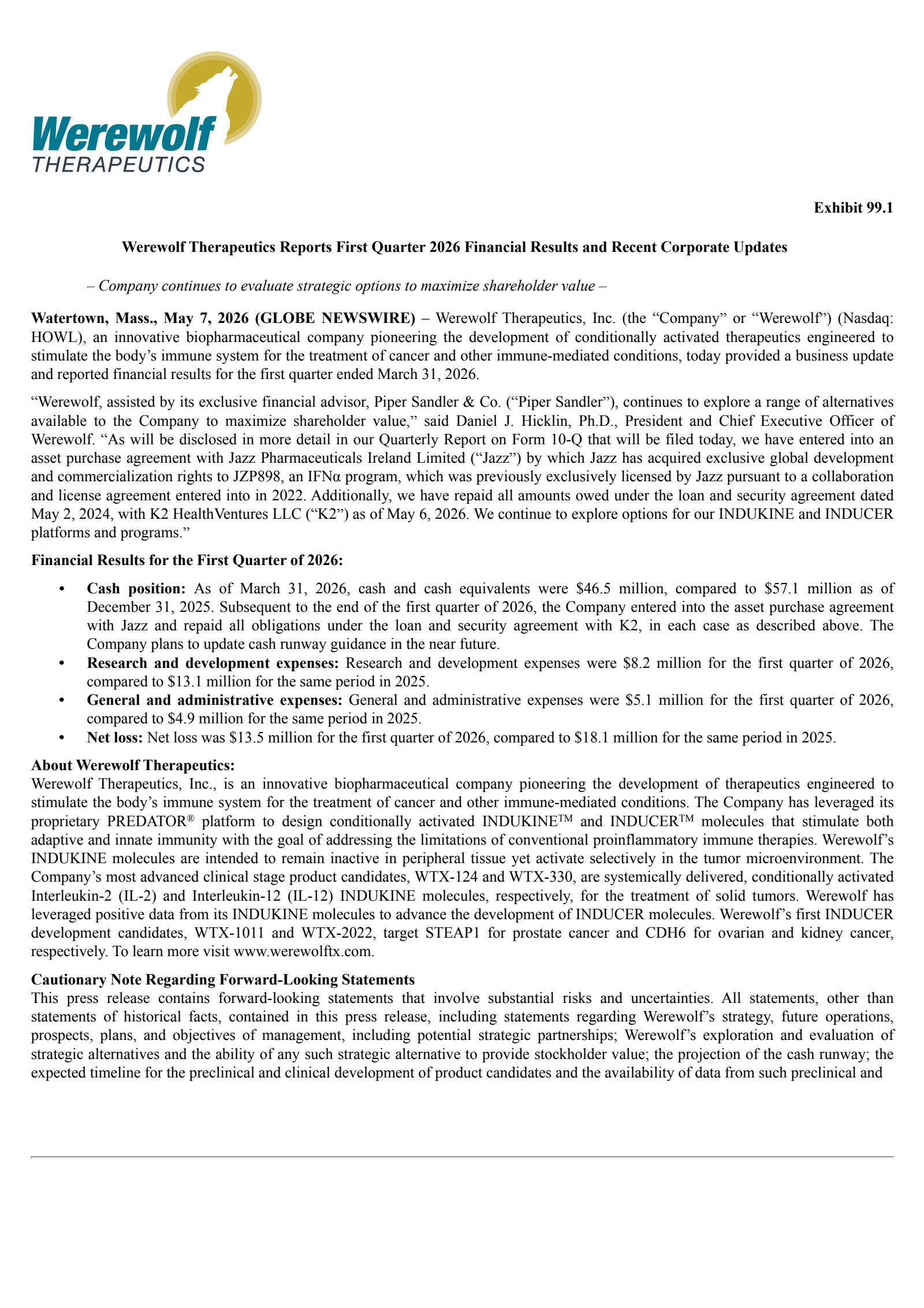 Werewolf Therapeutics' Q1 2026 Press Release
