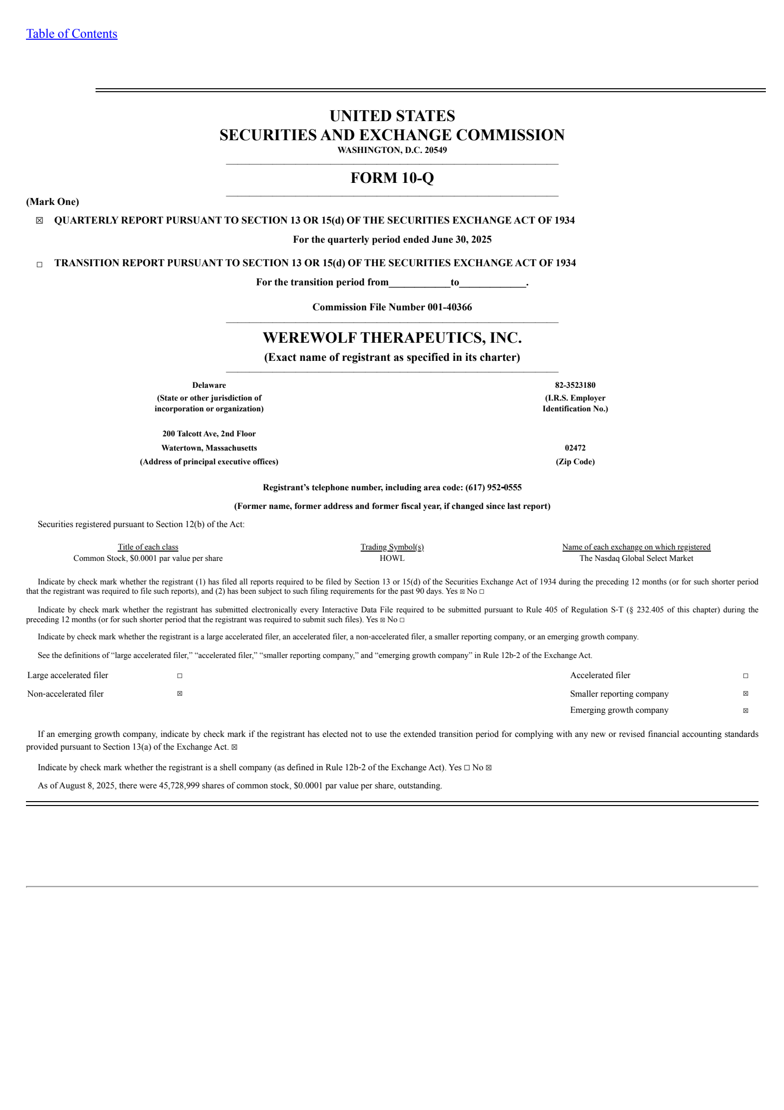 Werewolf Therapeutics' Q2 2025 Quarterly report