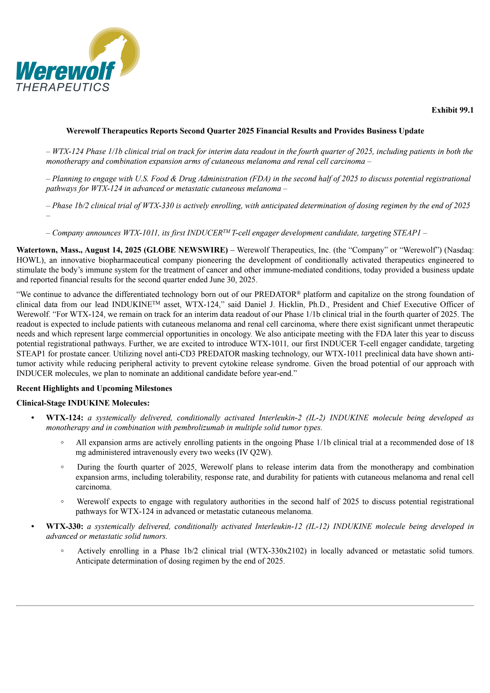 Werewolf Therapeutics' Q2 2025 Press Release