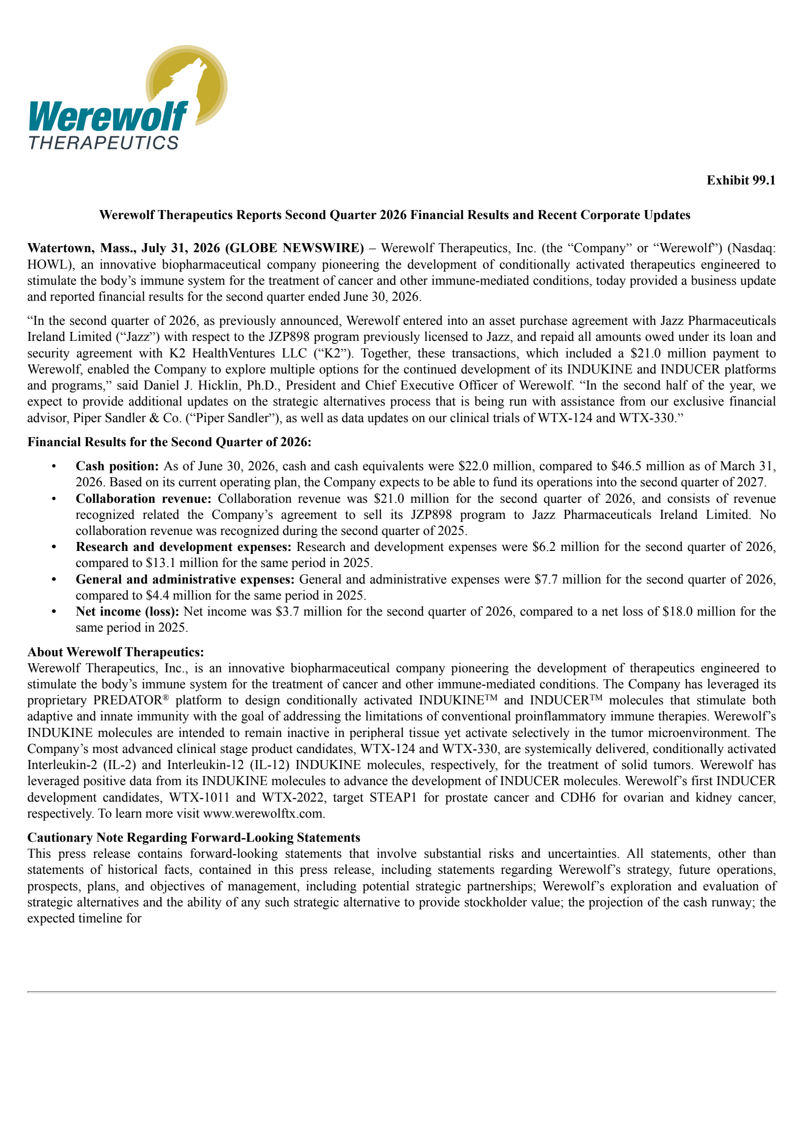 Werewolf Therapeutics' Q2 2026 Press Release