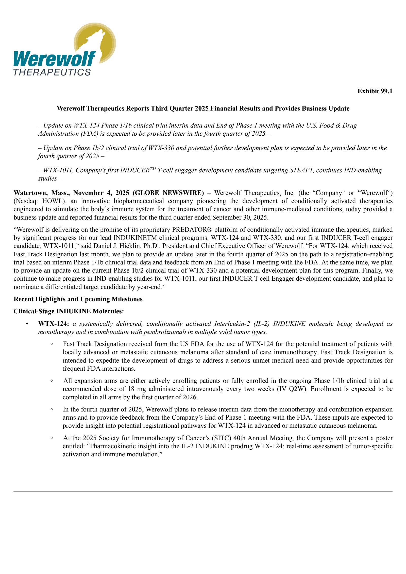 Werewolf Therapeutics' Q3 2025 Earnings Release