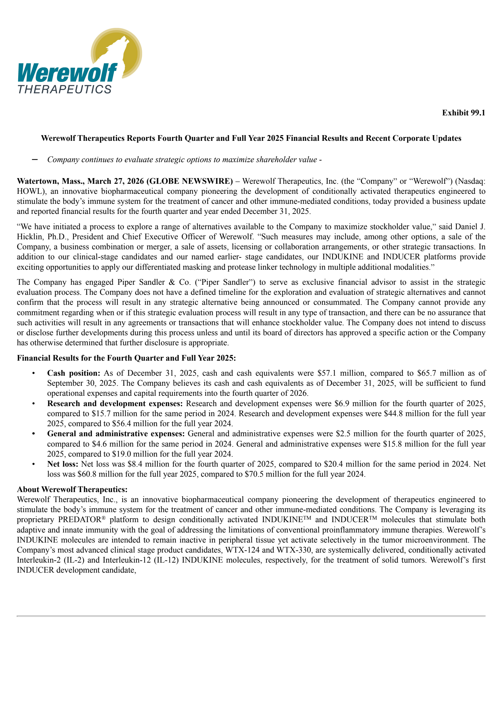 Werewolf Therapeutics' Q4 2025 Press Release
