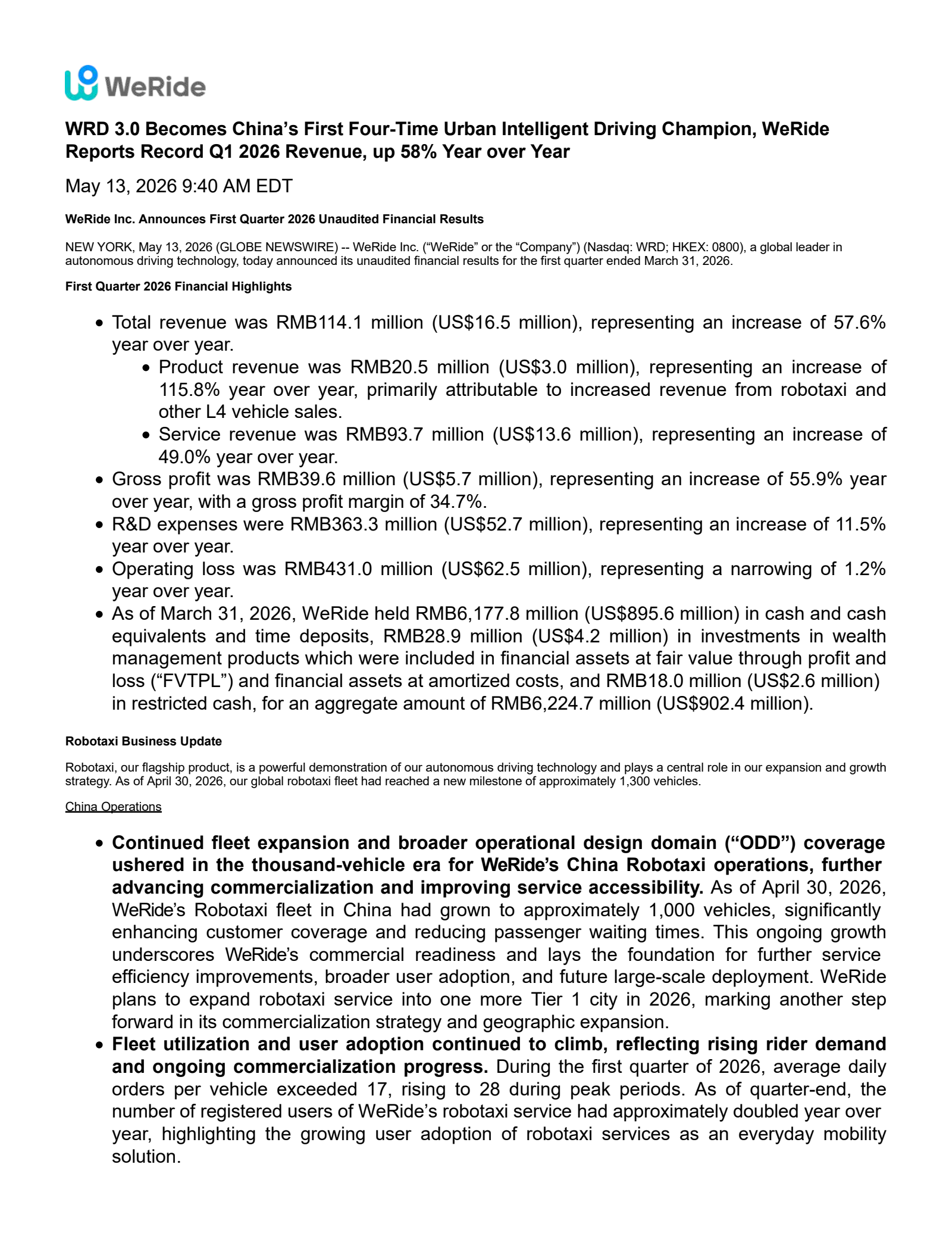 WeRide's Q1 2026 Press Release