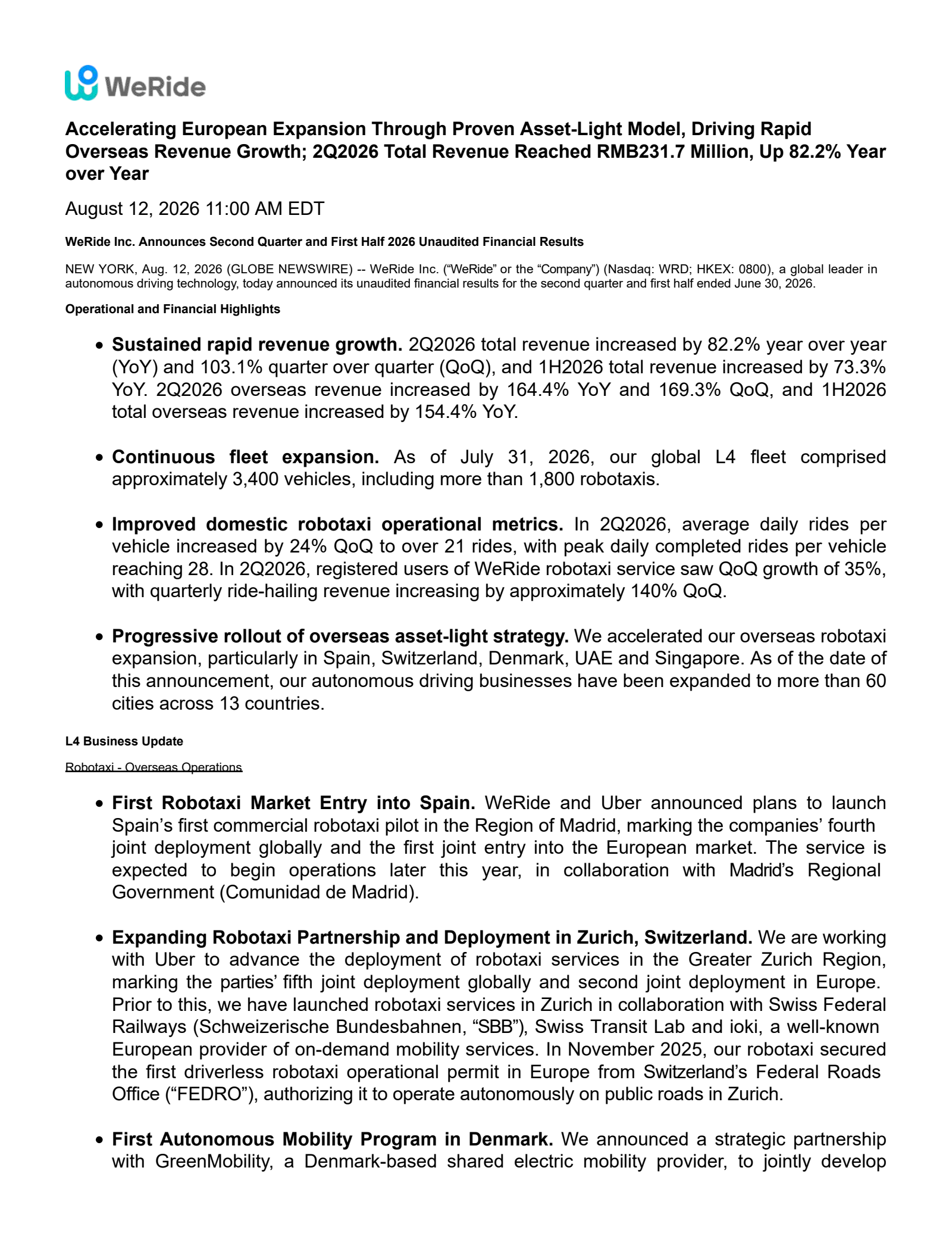WeRide's Q2 2026 Press Release