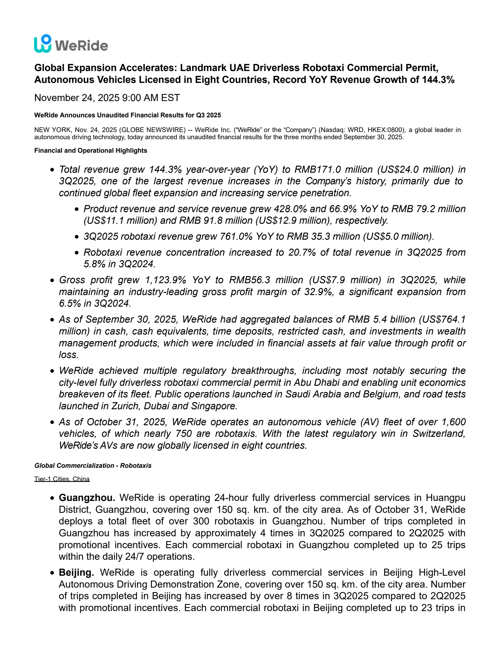 WeRide's Q3 2025 Earnings Release
