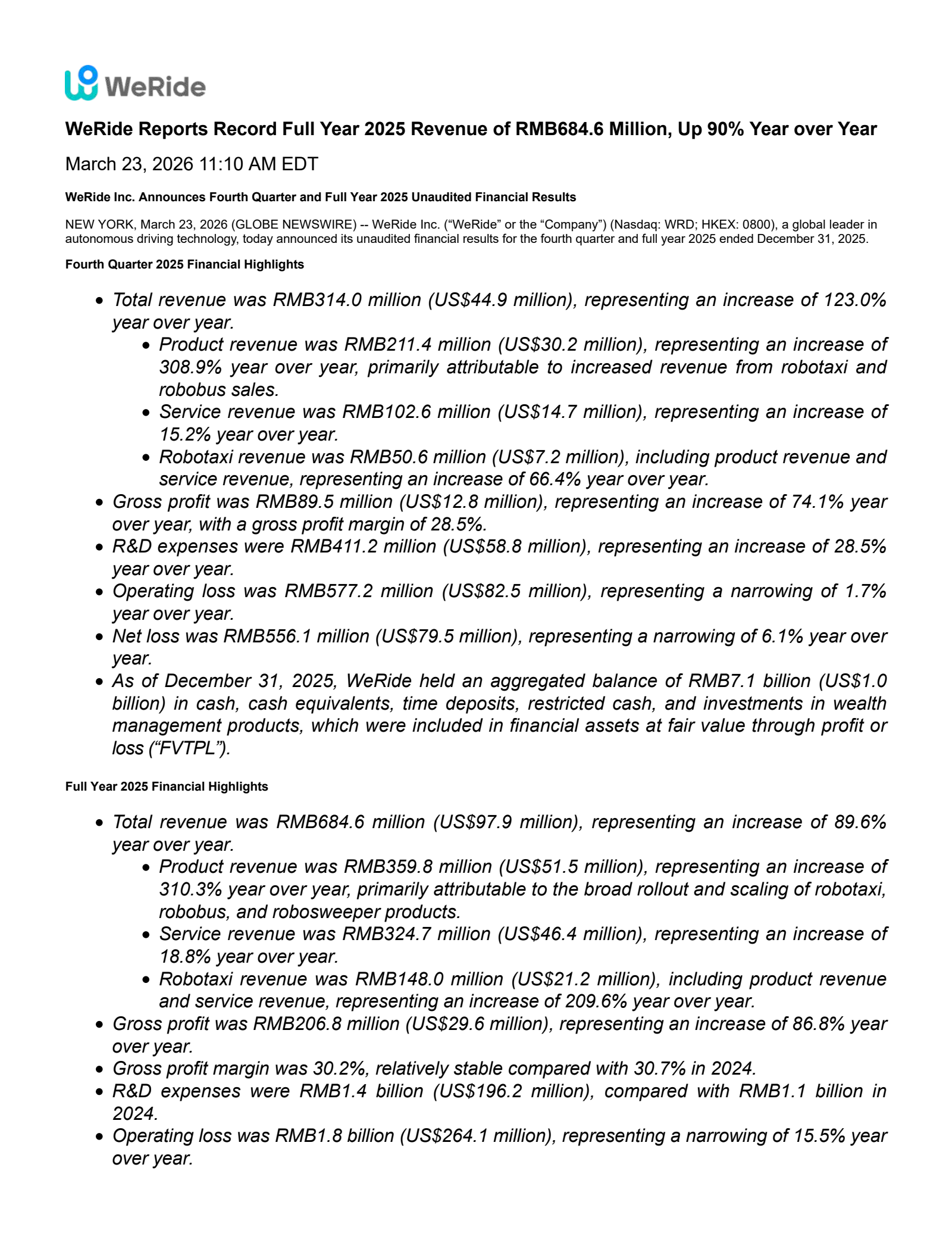 WeRide's Q4 2025 Press Release