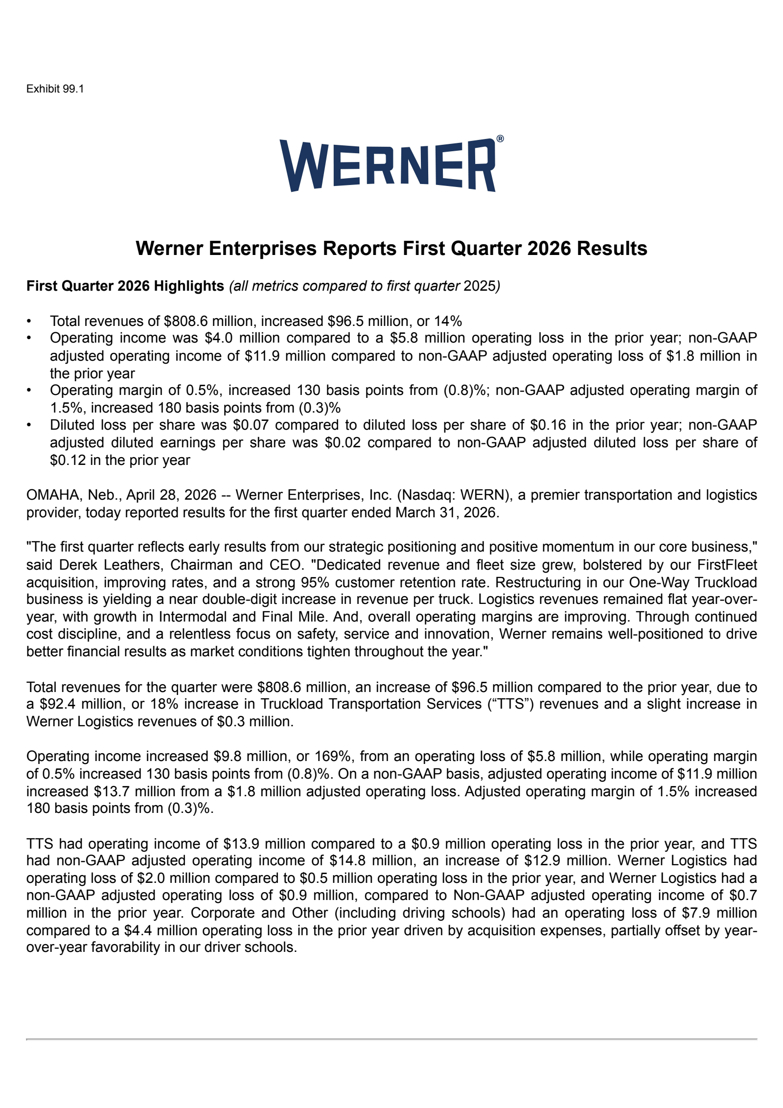 Werner Enterprises' Q1 2026 Press Release