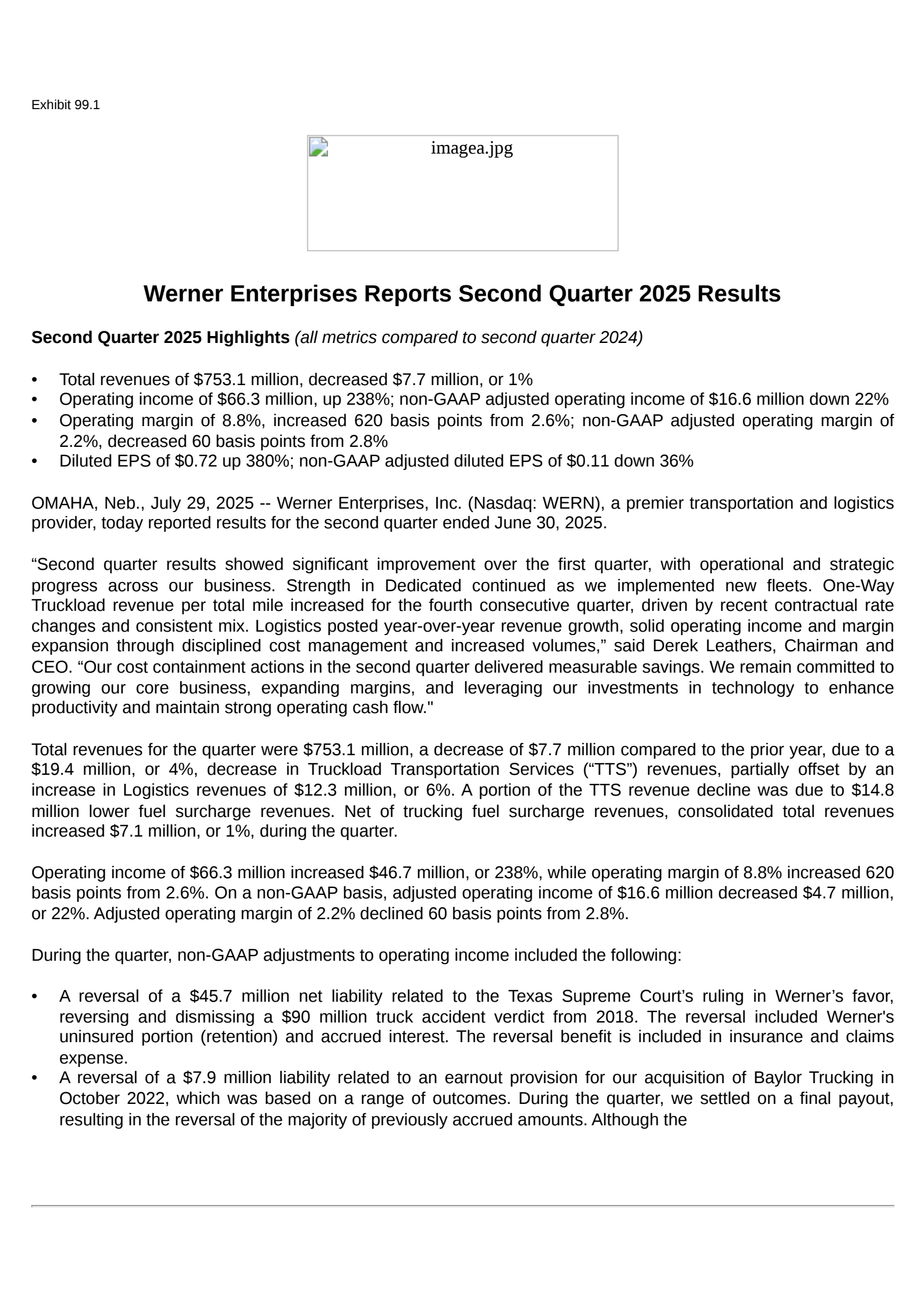 Werner Enterprises' Q2 2025 Press Release