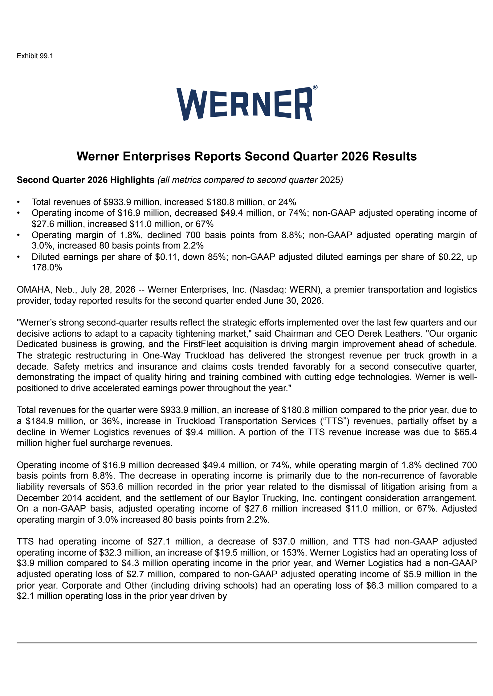 Werner Enterprises' Q2 2026 Press Release