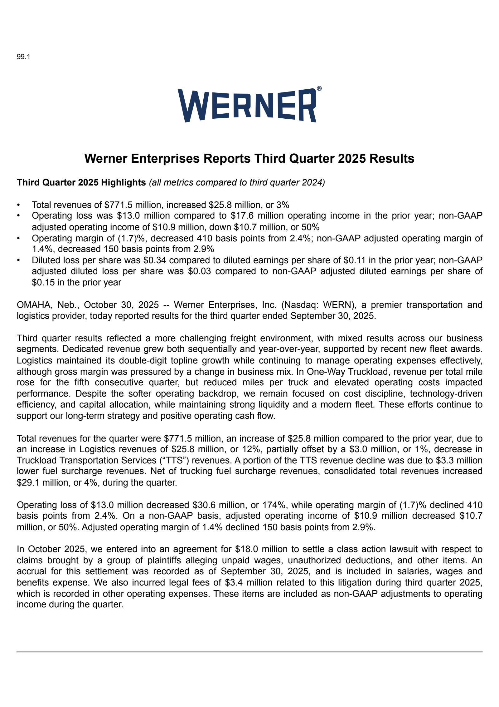 Werner Enterprises' Q3 2025 Earnings Release