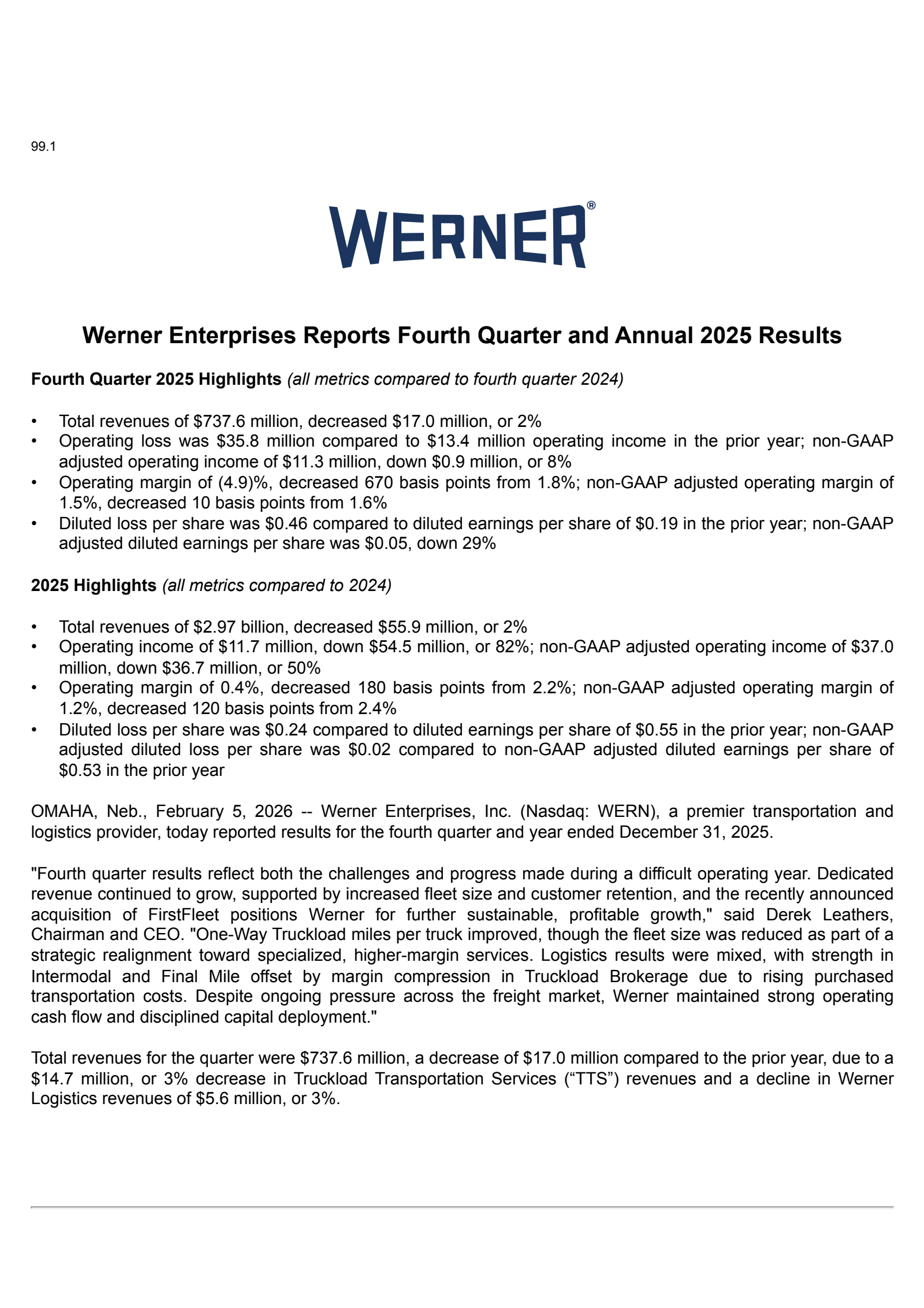 Werner Enterprises' Q4 2025 Press Release