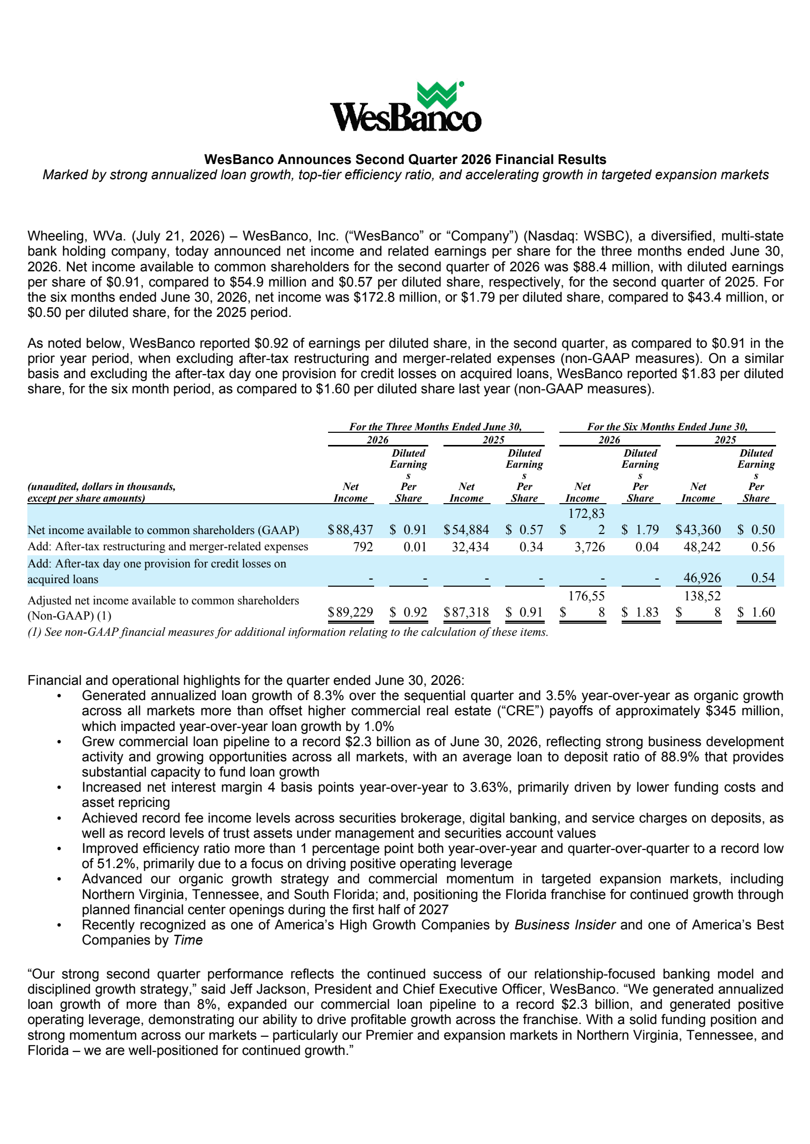 WesBanco's Q2 2026 Press Release