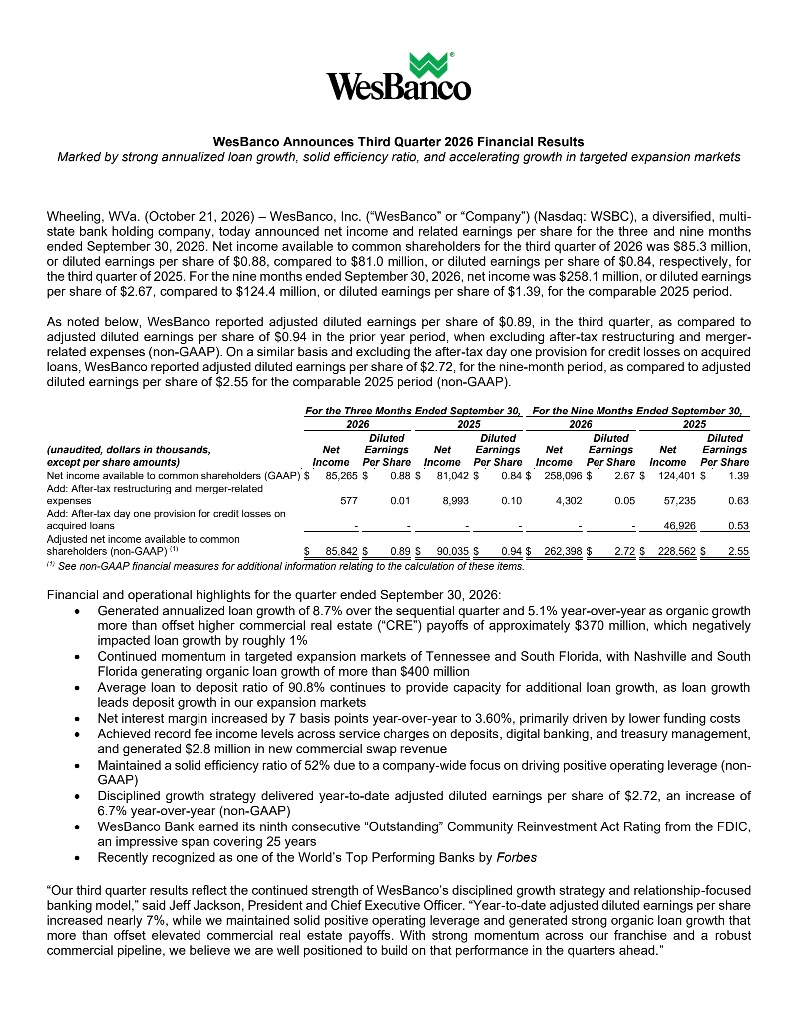 WesBanco's Q3 2026 Press Release