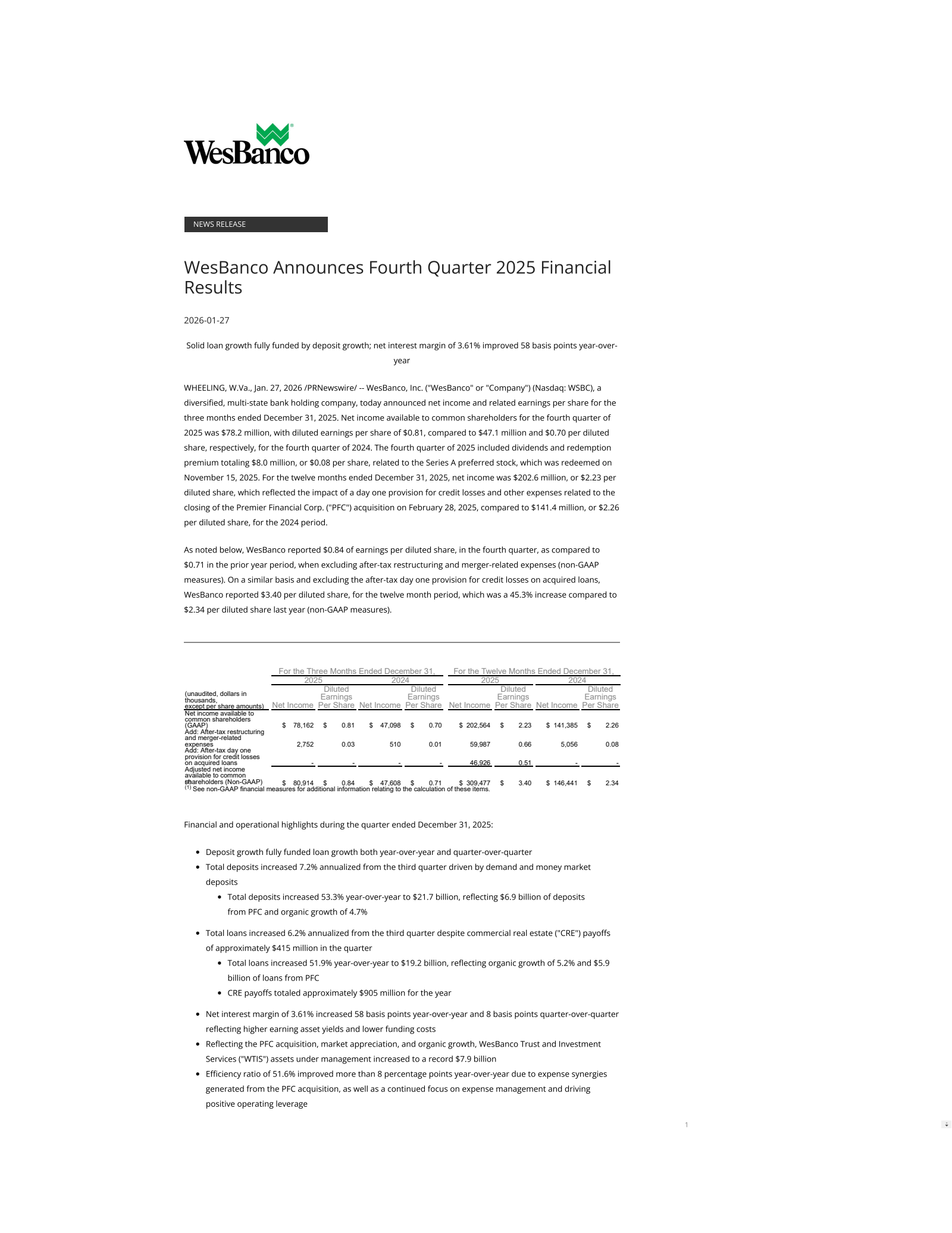 WesBanco's Q4 2025 Press Release