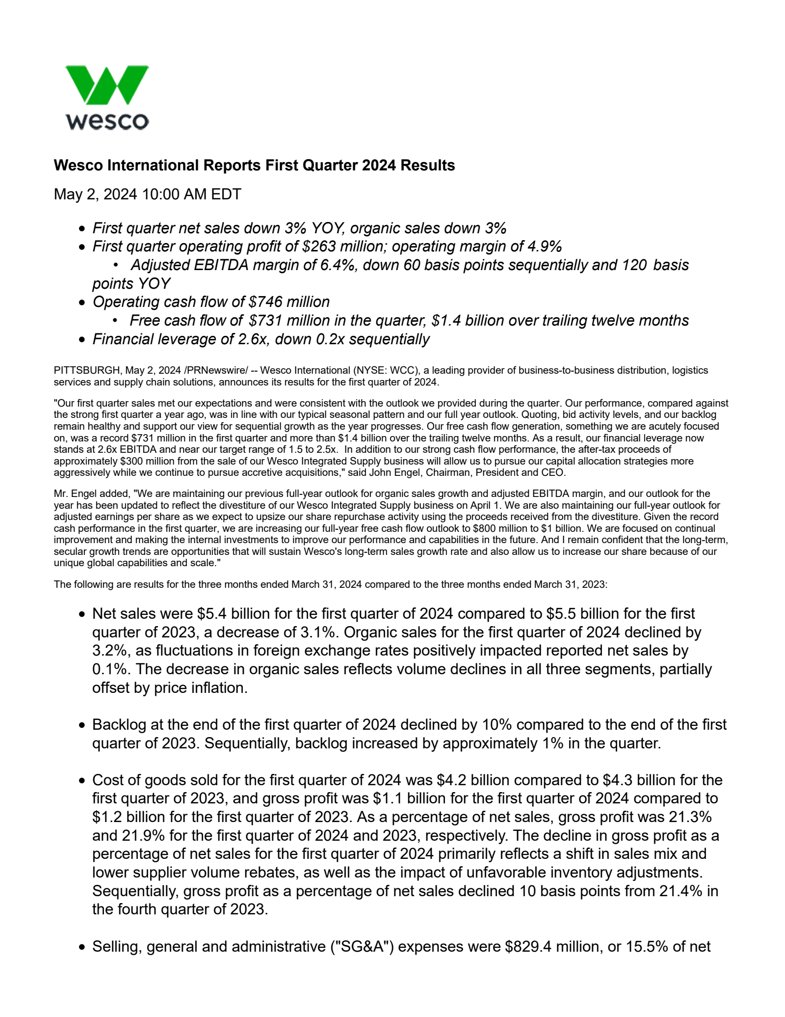 WESCO International's Q1 2024 Press Release