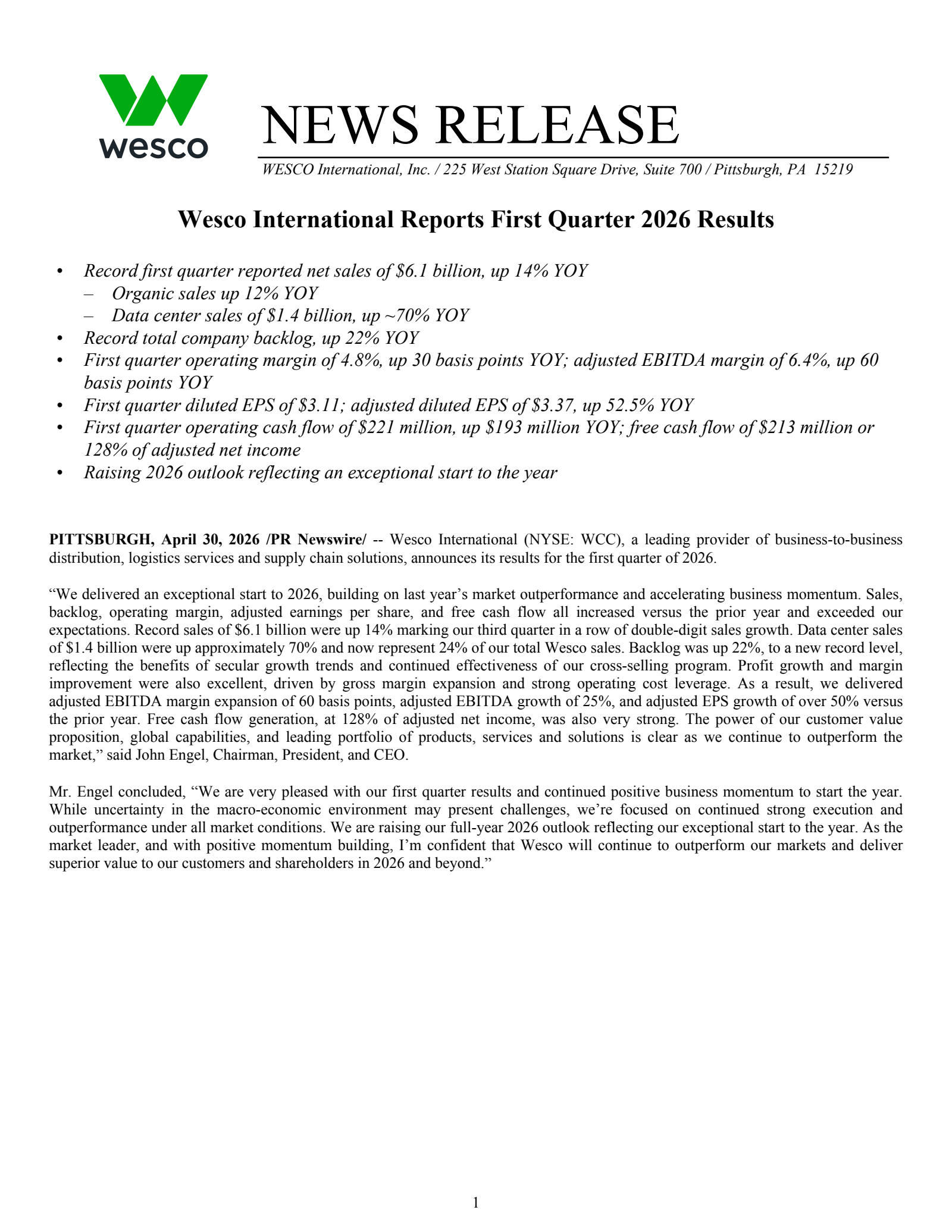 WESCO International's Q1 2026 Press Release