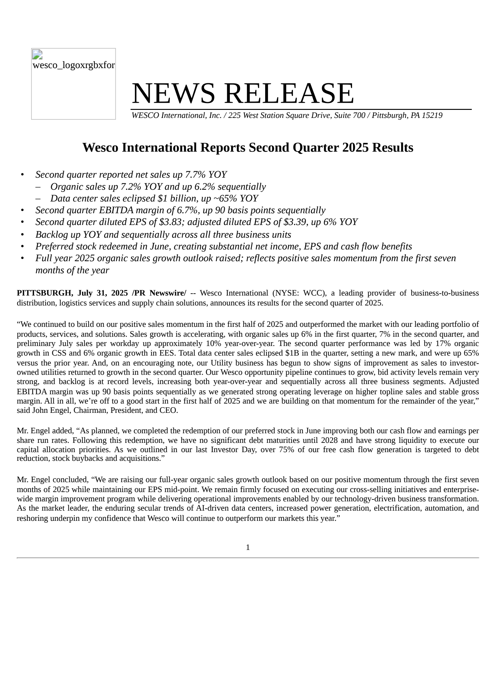 WESCO International's Q2 2025 Press Release