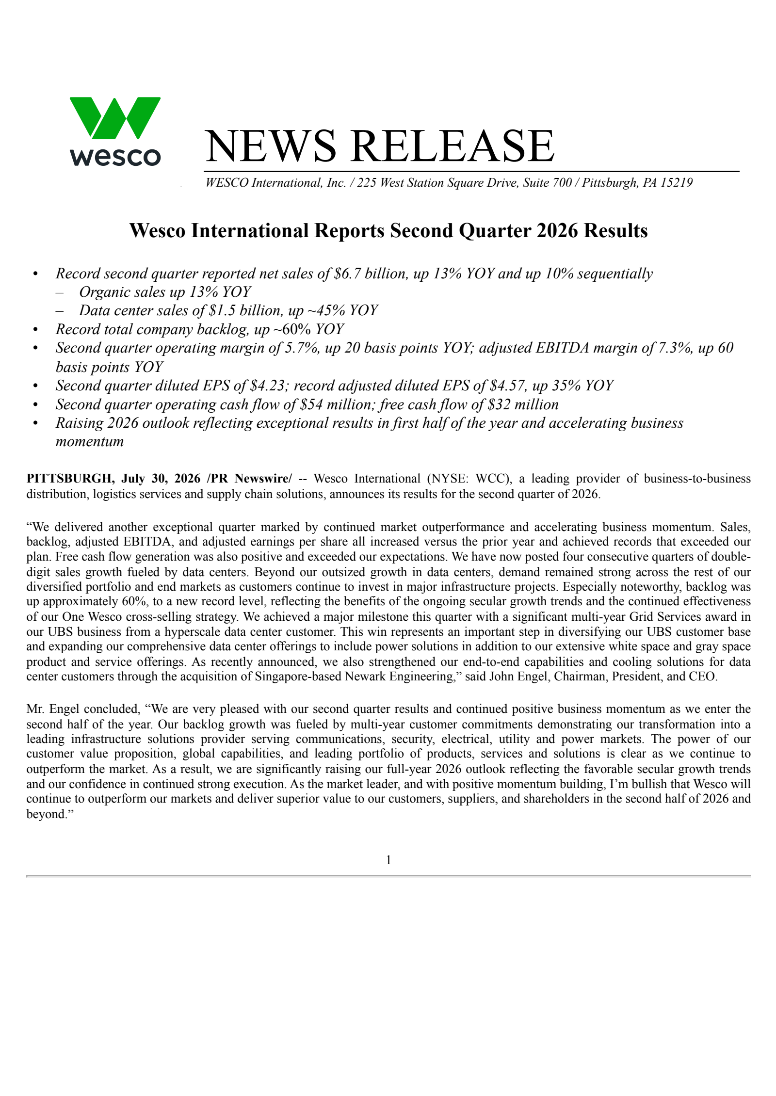 WESCO International's Q2 2026 Press Release