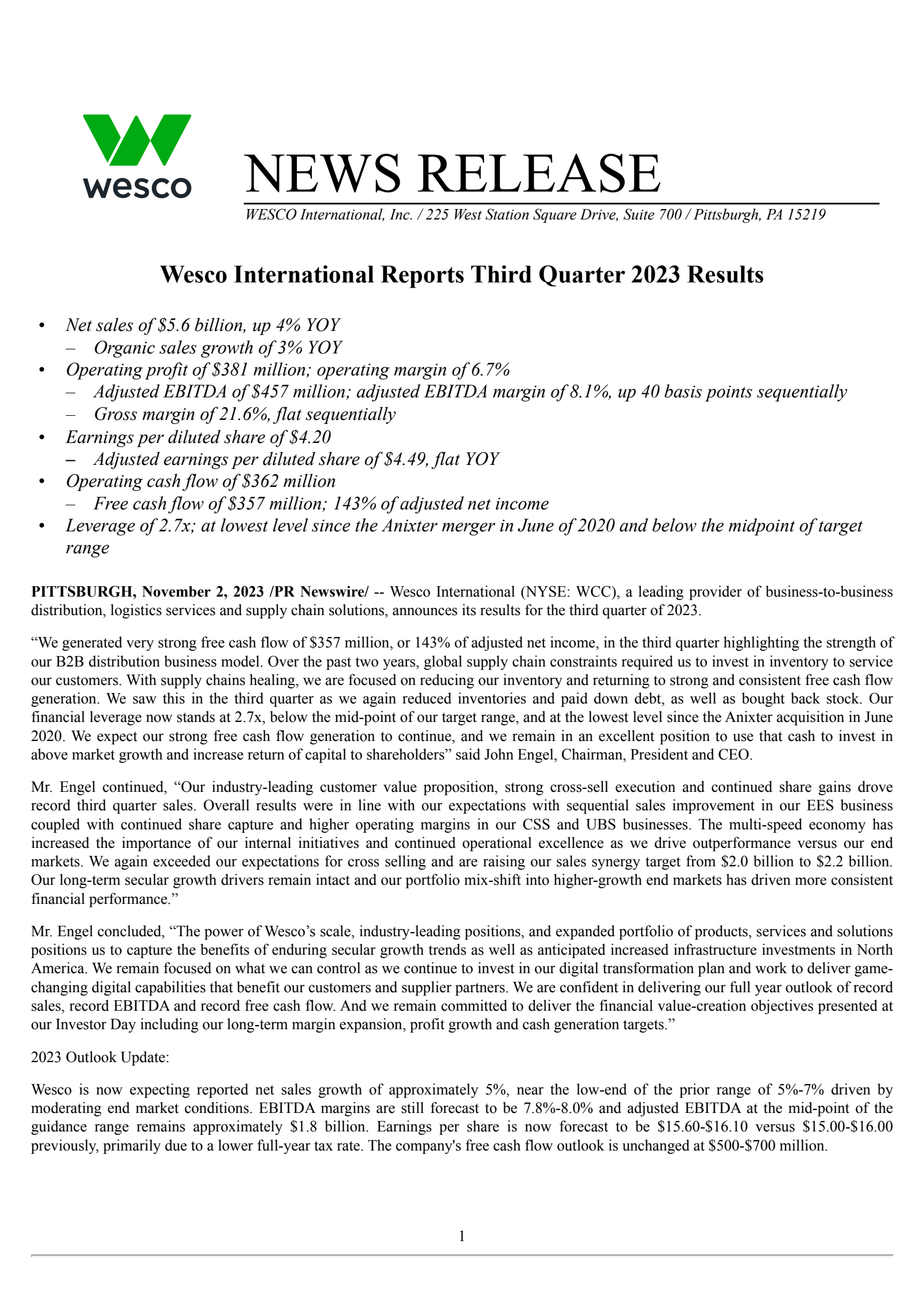 WESCO International's Q3 2023 Press Release