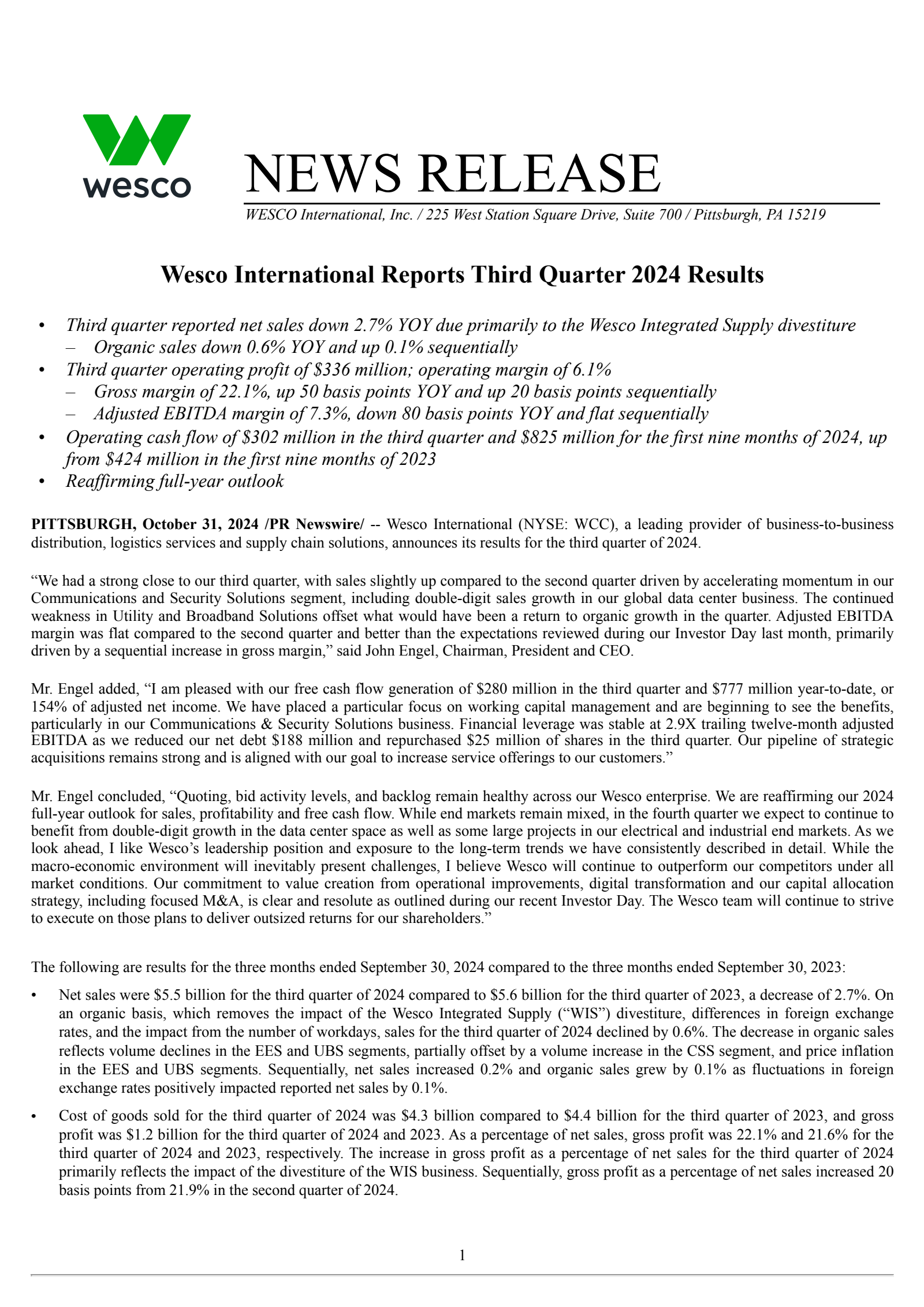 WESCO International's Q3 2024 Press Release